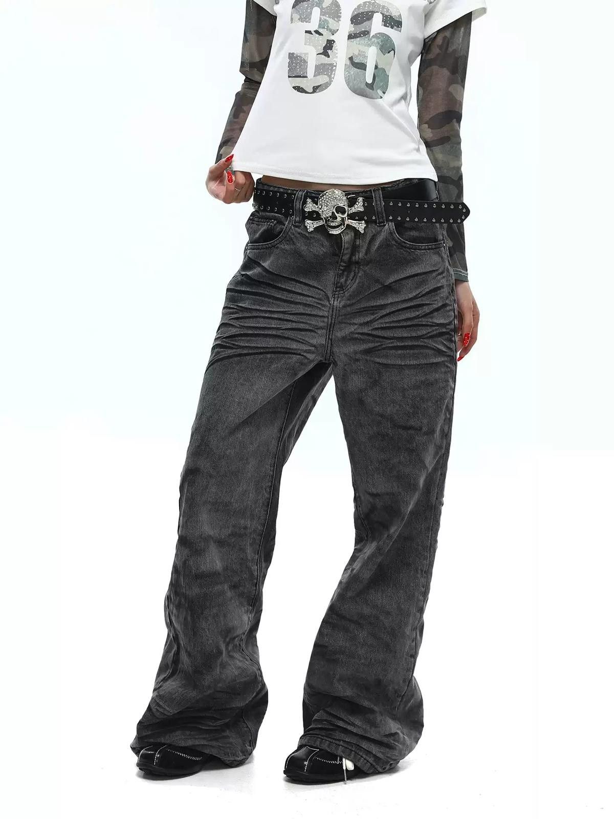Jean Texture Washed Whiskered Micro-Flare Jeans - Stacked Denim Size US 30 / EU 46 - 1 Thumbnail