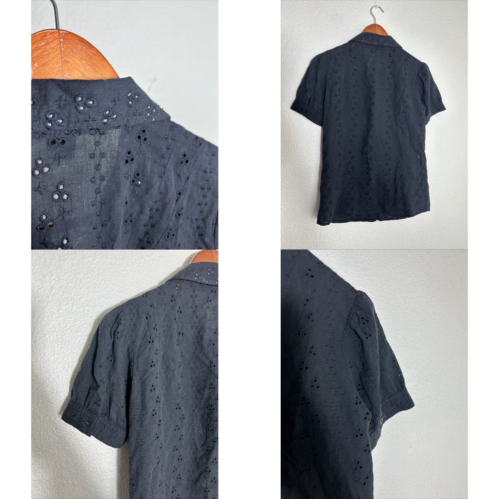 Vintage Zenana Outfitters Womens Large Button Up Top Embroidered Black Eyelet SS Cotton Shirt Size L / US 10 / IT 46 - 8 Thumbnail