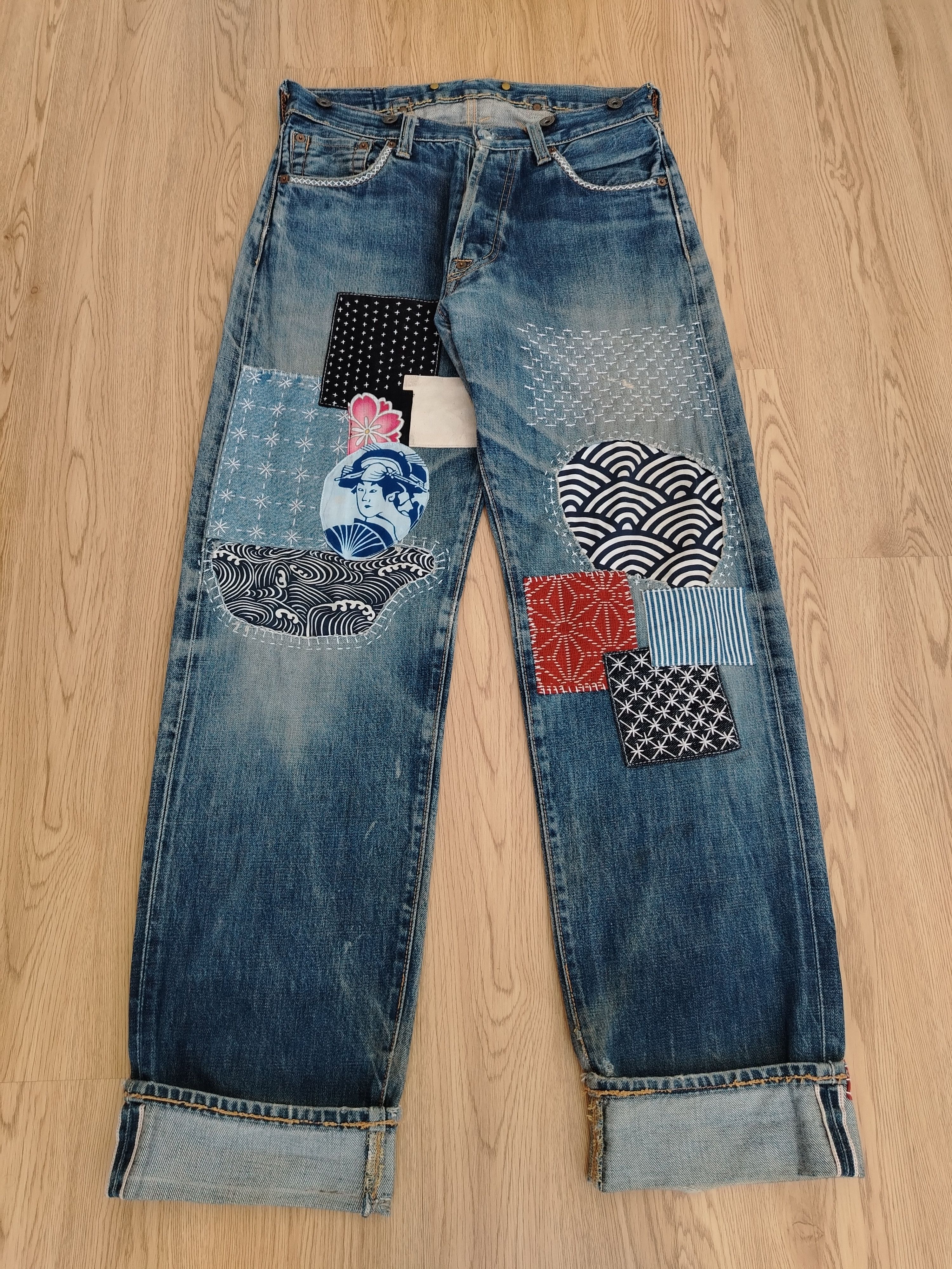 image of Distressed Denim x Evisu Jeans Vintage (Evis) Boro Remaked in Blue, Men's (Size 31)