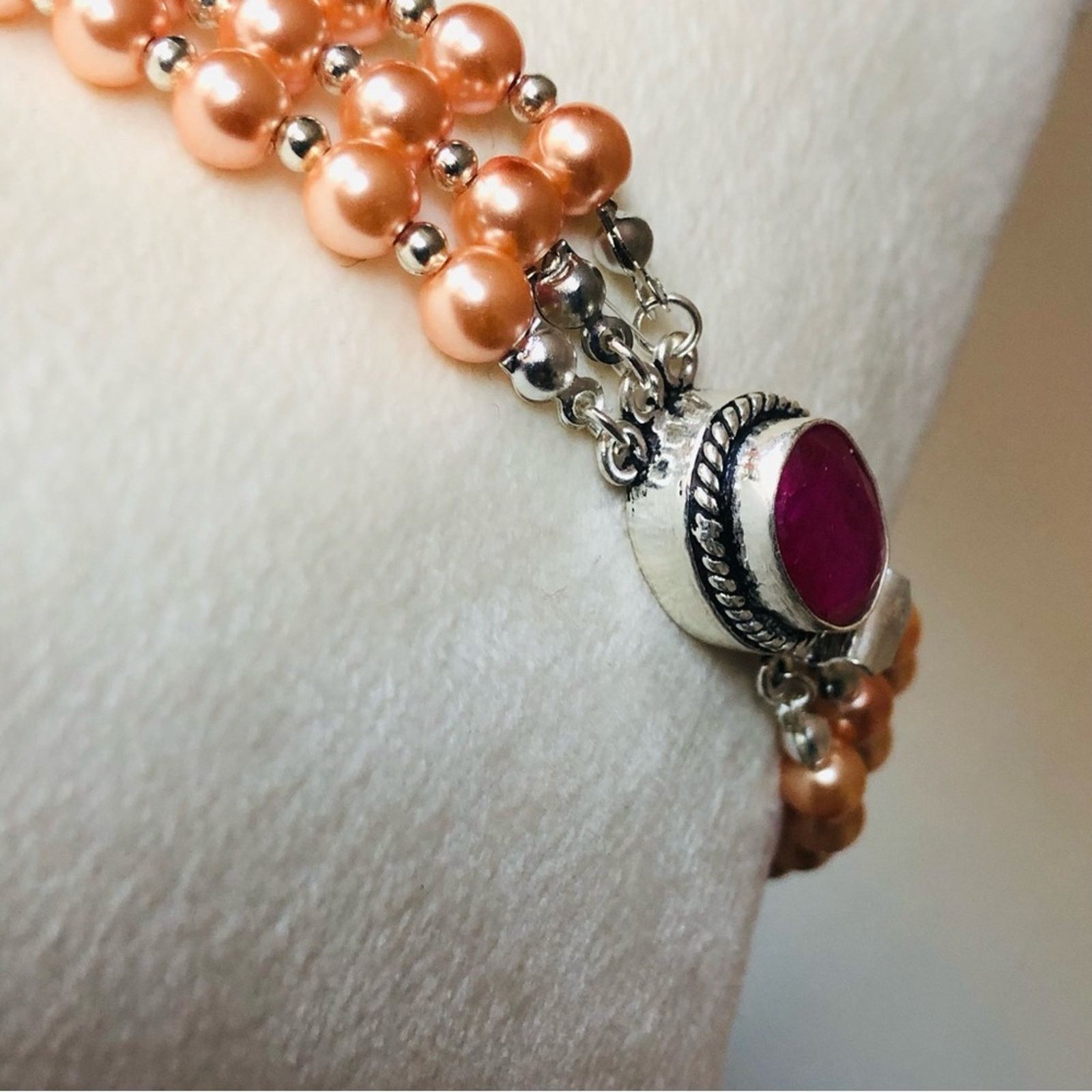 Handmade Handcrafted triple strand Czech Pearl genuine ruby neckla Size ONE SIZE - 7 Thumbnail