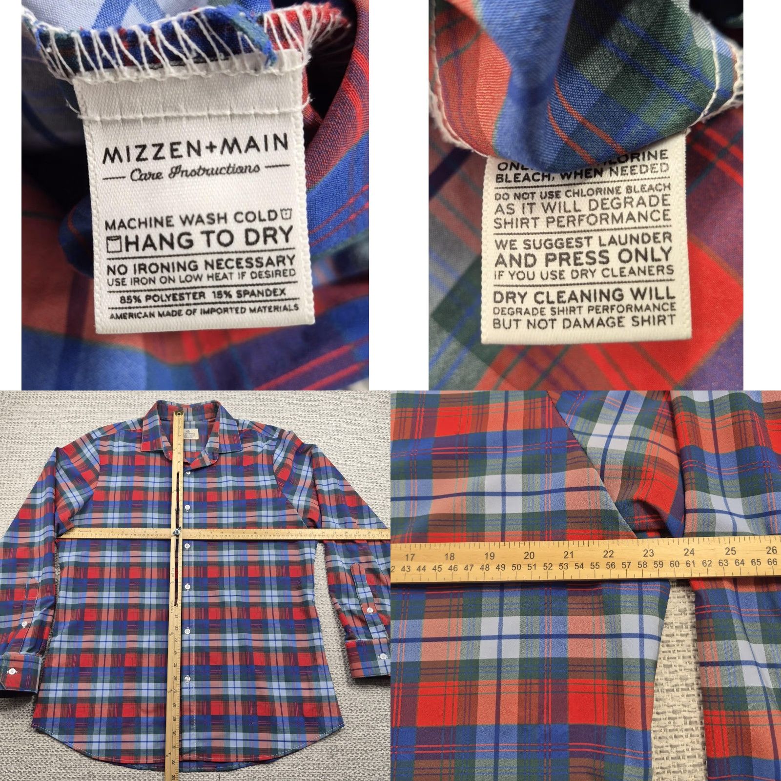 Mizzen+Main Mizzen+Main Button Up Shirt Mens XL Red Plaid Long Sleeve Trim Fit Stretch Shirt Size US XL / EU 56 / 4 - 8 Thumbnail