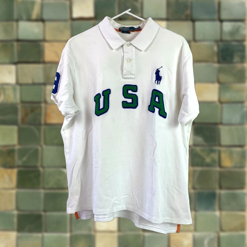 Polo Ralph Lauren VINTAGE Polo Ralph Lauren USA Felt Spellout Pony White Custom Fit Rugby Polo Shirt XXL Size US XXL / EU 58 / 5 - 1 Thumbnail