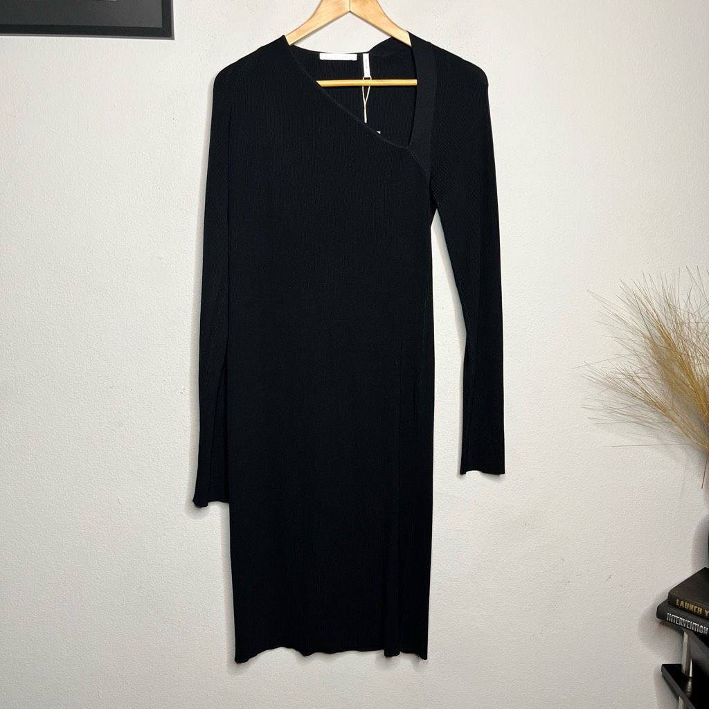 Helmut Lang Helmut Lang Dress Black Ribbed Knit Asymmetrical Long Sleeve Size L / US 10 / IT 46 - 2 Thumbnail