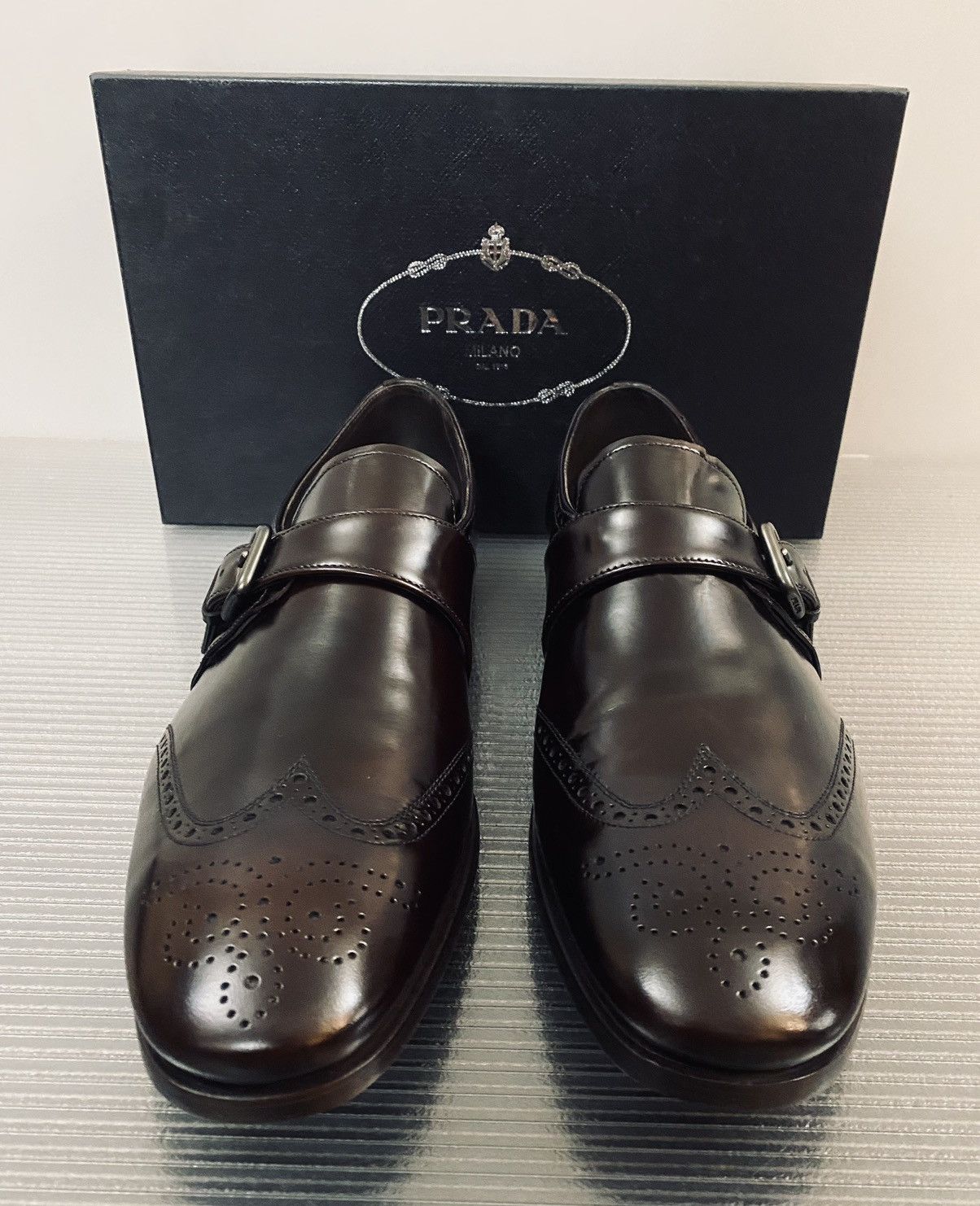 Prada Prada 🇮🇹 Bruciato wingtip toe medallion buckle loafer 11 NEW Size US 11 / EU 44 - 9 Thumbnail