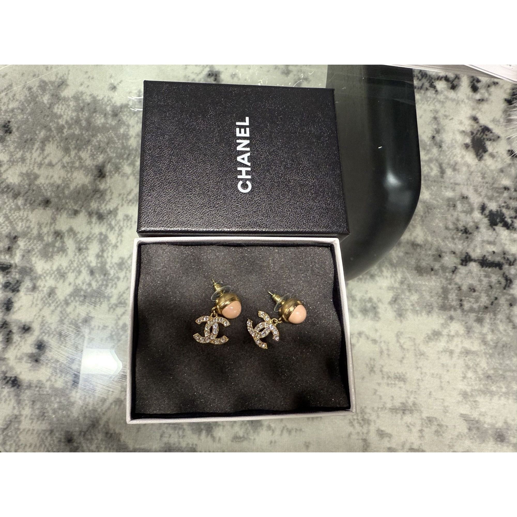 Chanel Chanel Gold Crystal CC Logo Drop Earrings With Pink Enamel & Size ONE SIZE - 5 Thumbnail