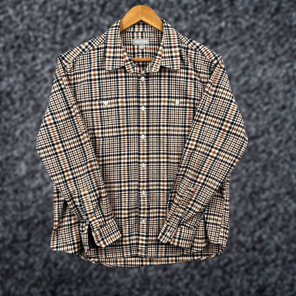 ASH ASH & ERIE Shirt Men's L Brown Navy Plaid Cotton Stretch Casual Button-Down Size US L / EU 52-54 / 3 - 1 Thumbnail
