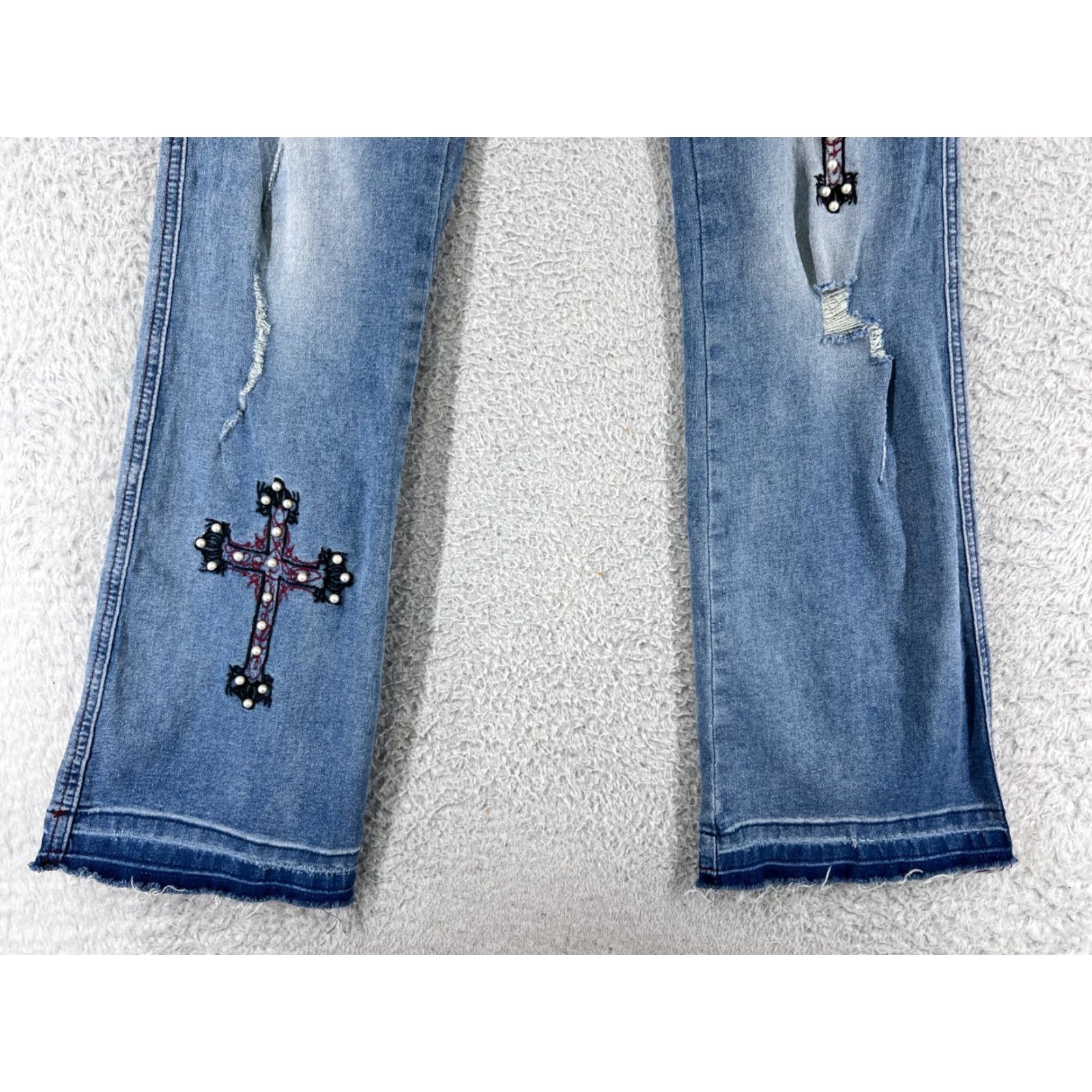 Denime Jeans Women 24 Blue Denim Flared Distressed Embellished Crosses 5-Pocket Regular Inseam 24 Denim Jeans Hippie Size 42" / US 20 - 4 Thumbnail