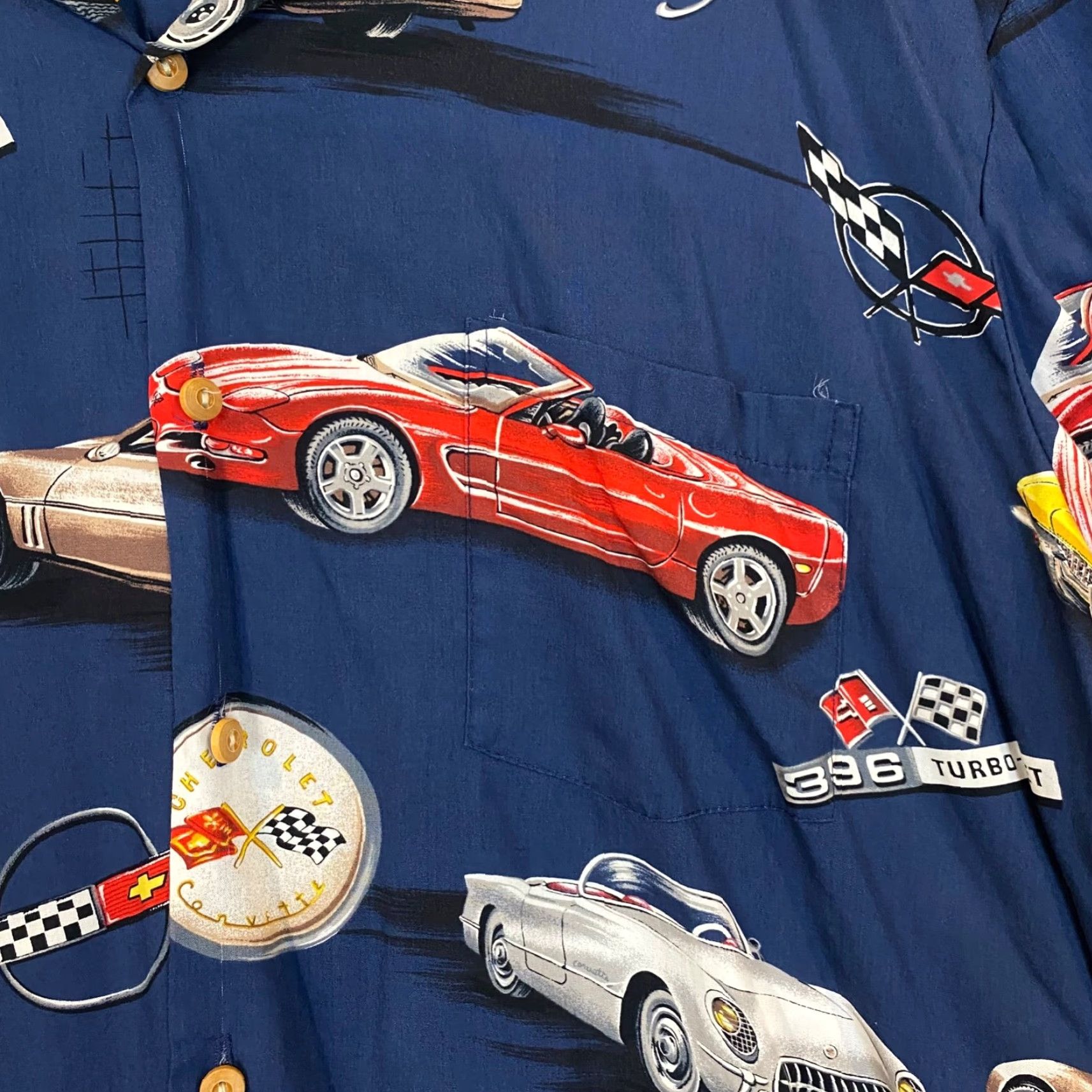 Paradise Paradise Found Shirt Mens XL Blue Chevrolet Stingray Chevy Car Automobile Button-Up-Short Sleeve-Geometry Pattern- Cars Classic Outdoor Mens Size US XL / EU 56 / 4 - 4 Thumbnail