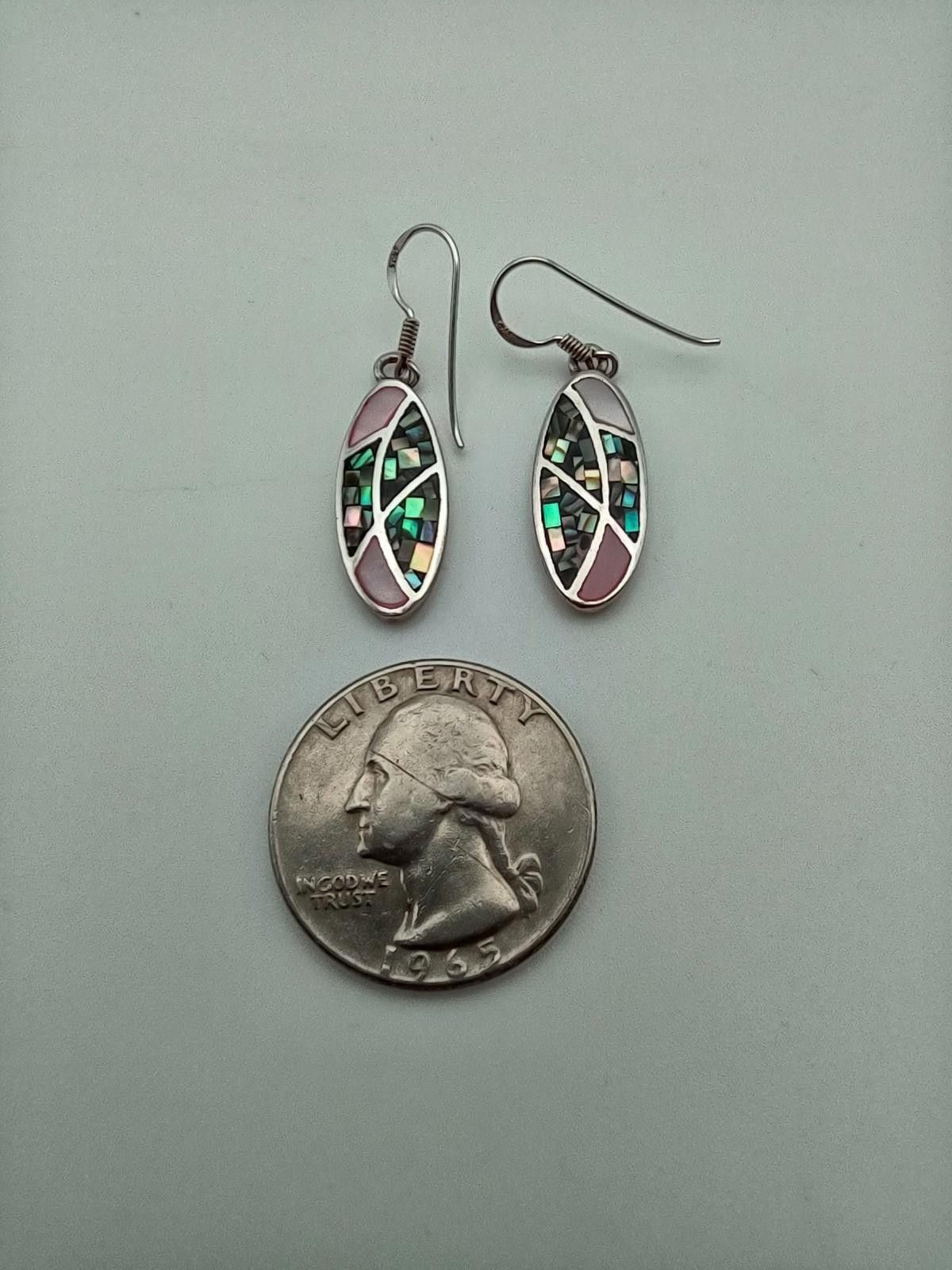 Other Vintage Sterling Silver Abalone Mosaic Drop Earrings SX Thai Size ONE SIZE - 3 Thumbnail