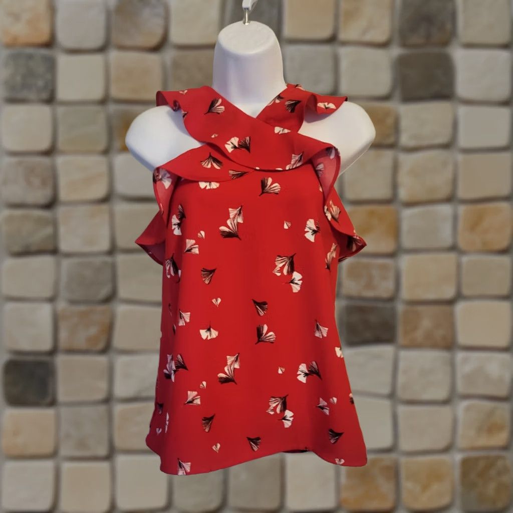 Banana Republic Banana Republic Red Gingko Print Sleeveless Top Ruffle M Women Size M / US 6-8 / IT 42-44 - 1 Thumbnail