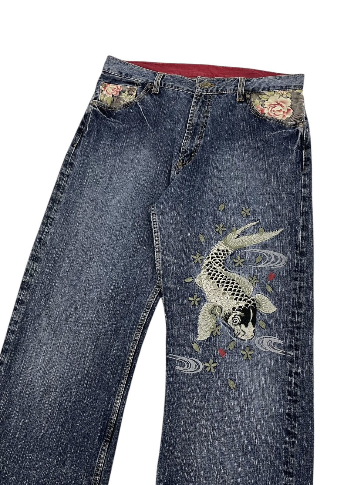 Karakuri Tamashii Vintage Japanese Koi Jeans Embroidery Logo Karakuri Style Size US 35 - 1 Thumbnail