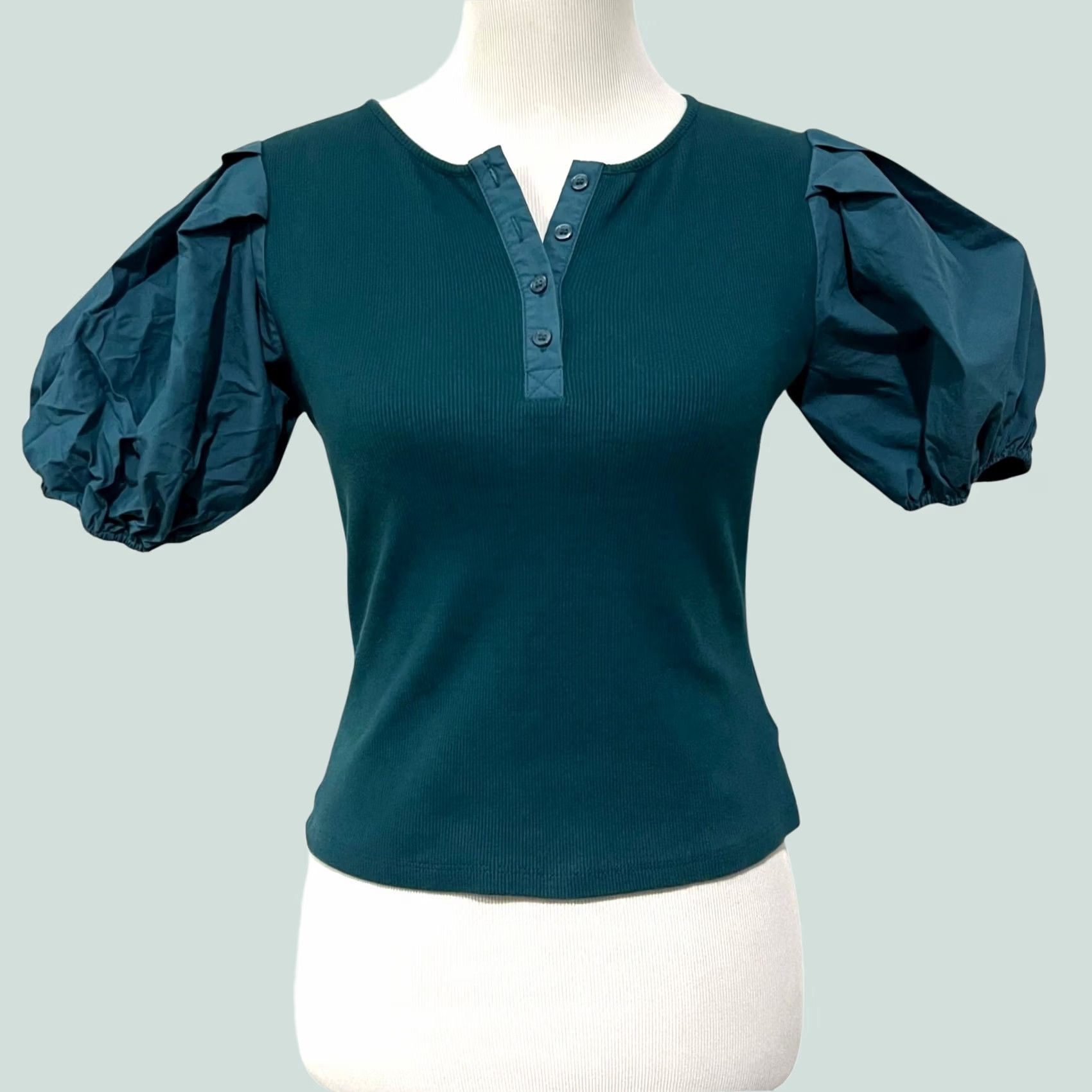 English Factory VINTAGE English Factory Blouse Shirt Womens Puff Sleeve Henley Teal Blue Knit Size S Size S / US 4 / IT 40 - 1 Thumbnail