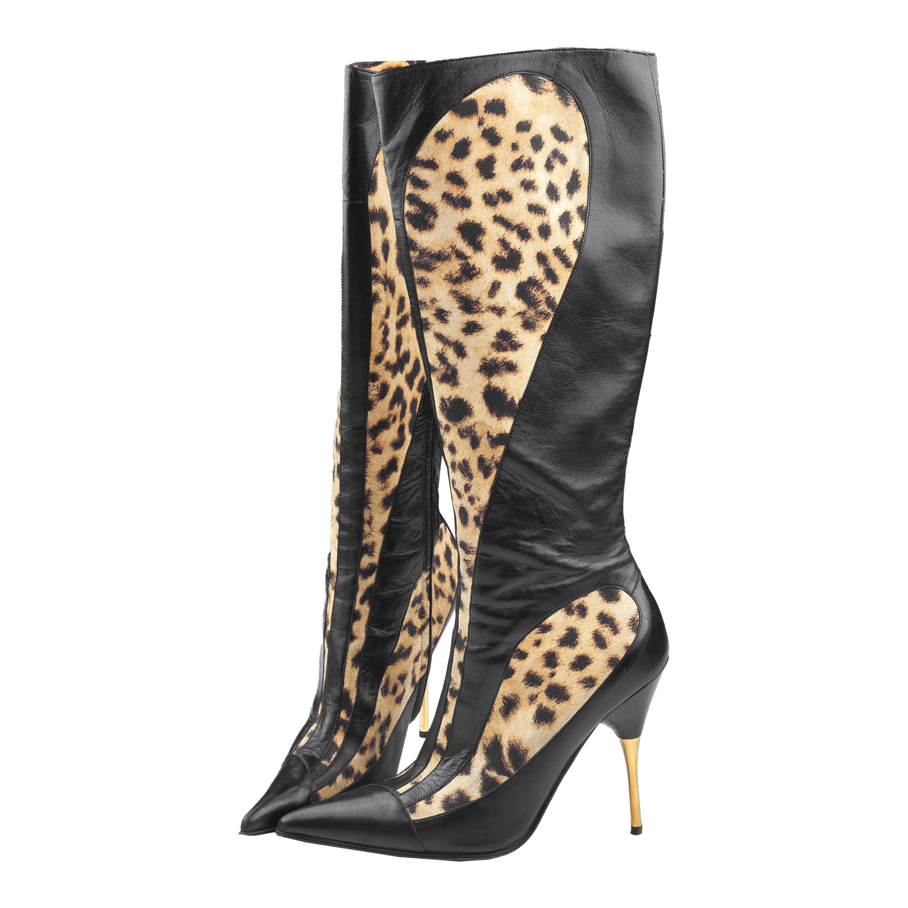 Roberto Cavalli Cheetah/Black High Knee Boots (38,5 EU)