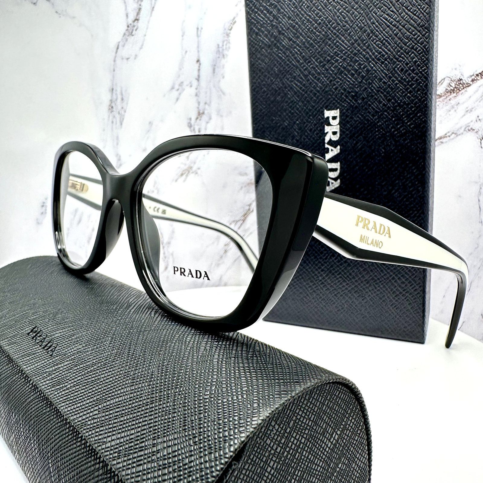 Prada New PRADA Eyeglasses Cat Eye Black White Gold 53-17-140 Size ONE SIZE - 8 Thumbnail