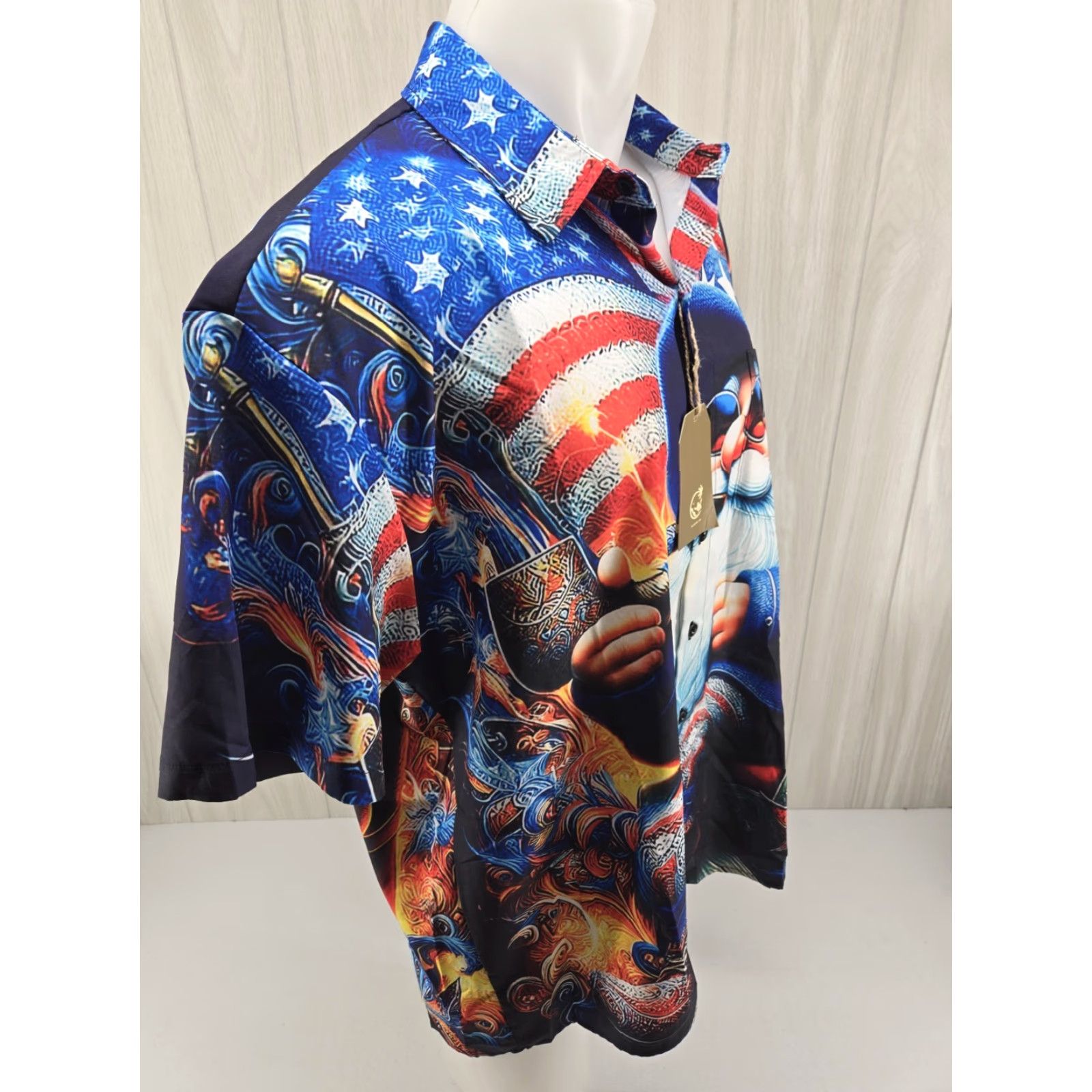 Vintage HARDADDY American Flag W/Gnome Short Sleeve Button-Up Shirt XL Mens Red White & Blue, Patriotic, USA, Button-Up, Casual, Travel, Workwear Size US XL / EU 56 / 4 - 7 Thumbnail