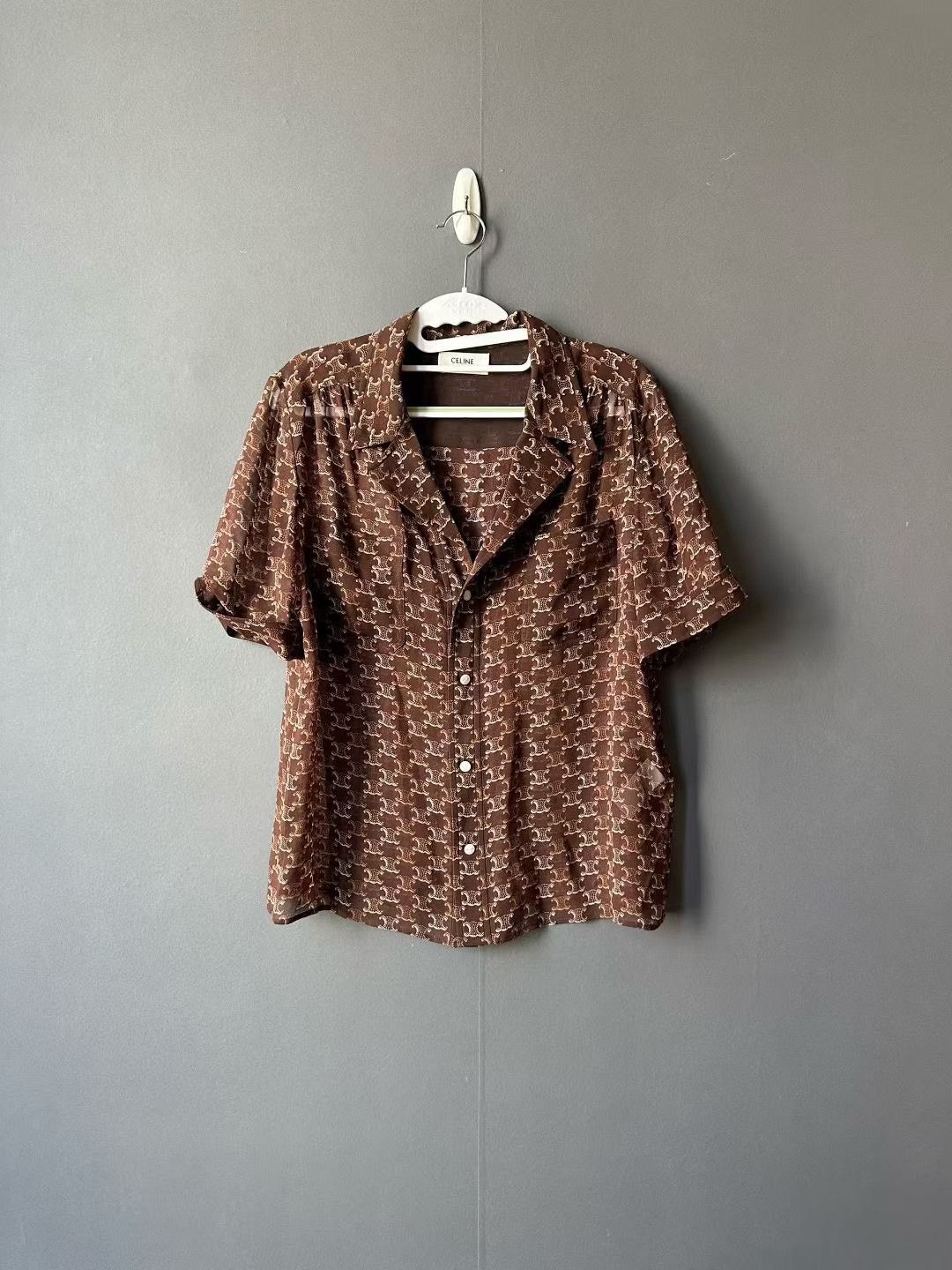 Celine Celine Brown Triomphe All-over Print Silk Shirt Size S / US 4 / IT 40 - 1 Thumbnail