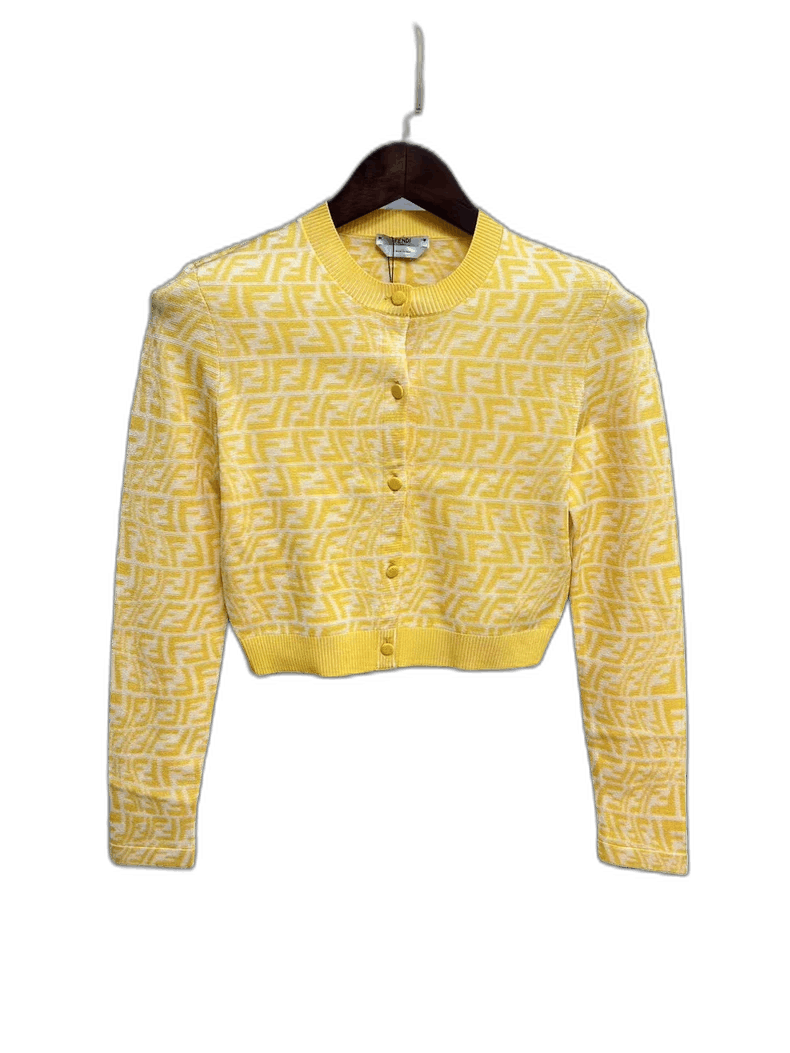 Fendi White Yellow Twisted Logo Knit Cardigan