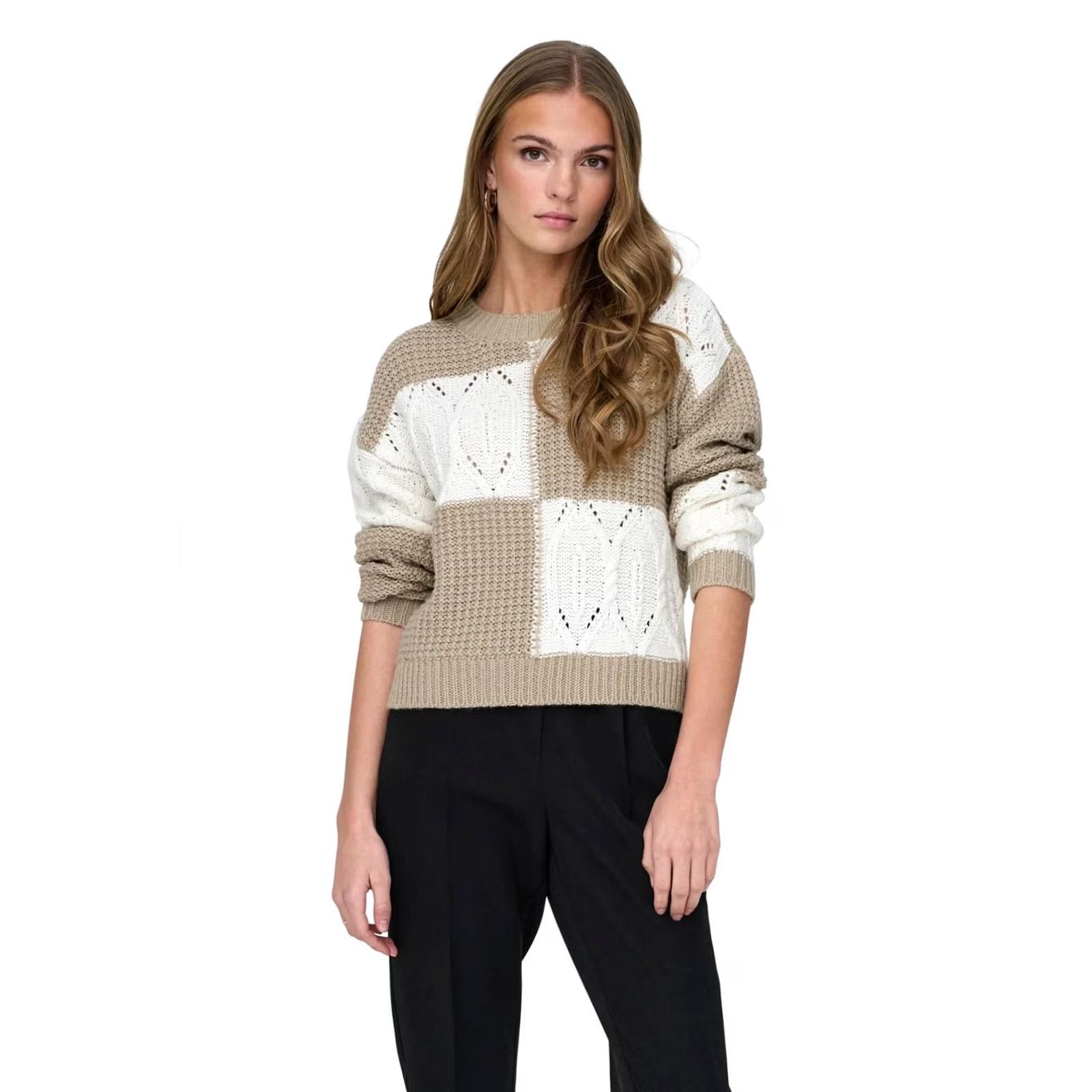 Vintage JDY Womens Jumper Beige White Large Cable Knit Crew Neck Pullover Patchwork Cosy Vintage No Woman Size L / US 10 / IT 46 - 2 Thumbnail