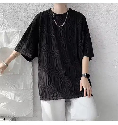 VIBE 💎 Korean Black Wave Pleated Relaxed Tee T-shirt Size US L / EU 52-54 / 3 - 6 Thumbnail