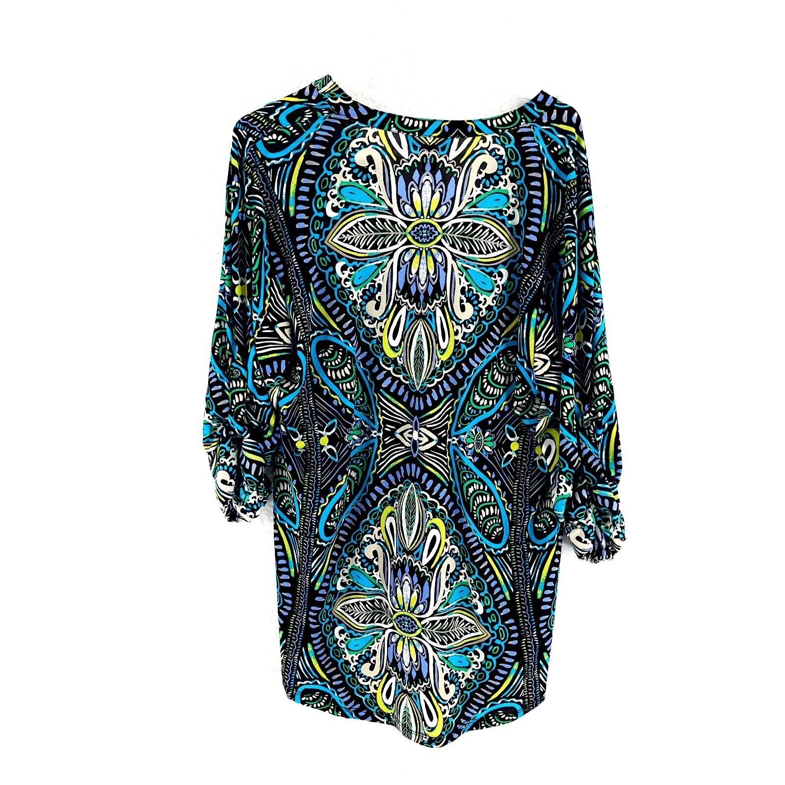 Designer Style & Co Black Teal Green Floral Roll Tab Sleeve V-Neck Bl Size XL / US 12-14 / IT 48-50 - 3 Thumbnail