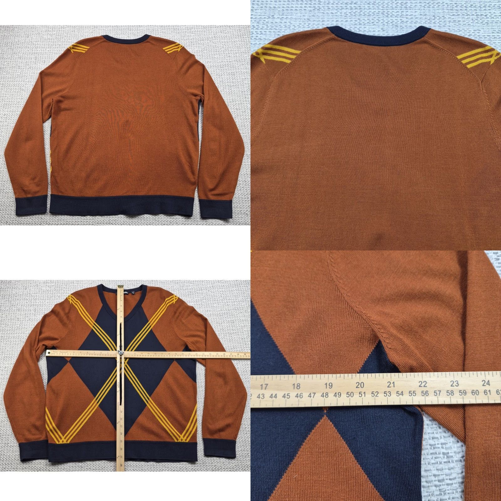 Murano Murano Mens Large Pullover Sweater V-Neck Argyle/Diamond Knit Acrylic Brown Navy Multicolor 90s Retro Size US L / EU 52-54 / 3 - 8 Thumbnail