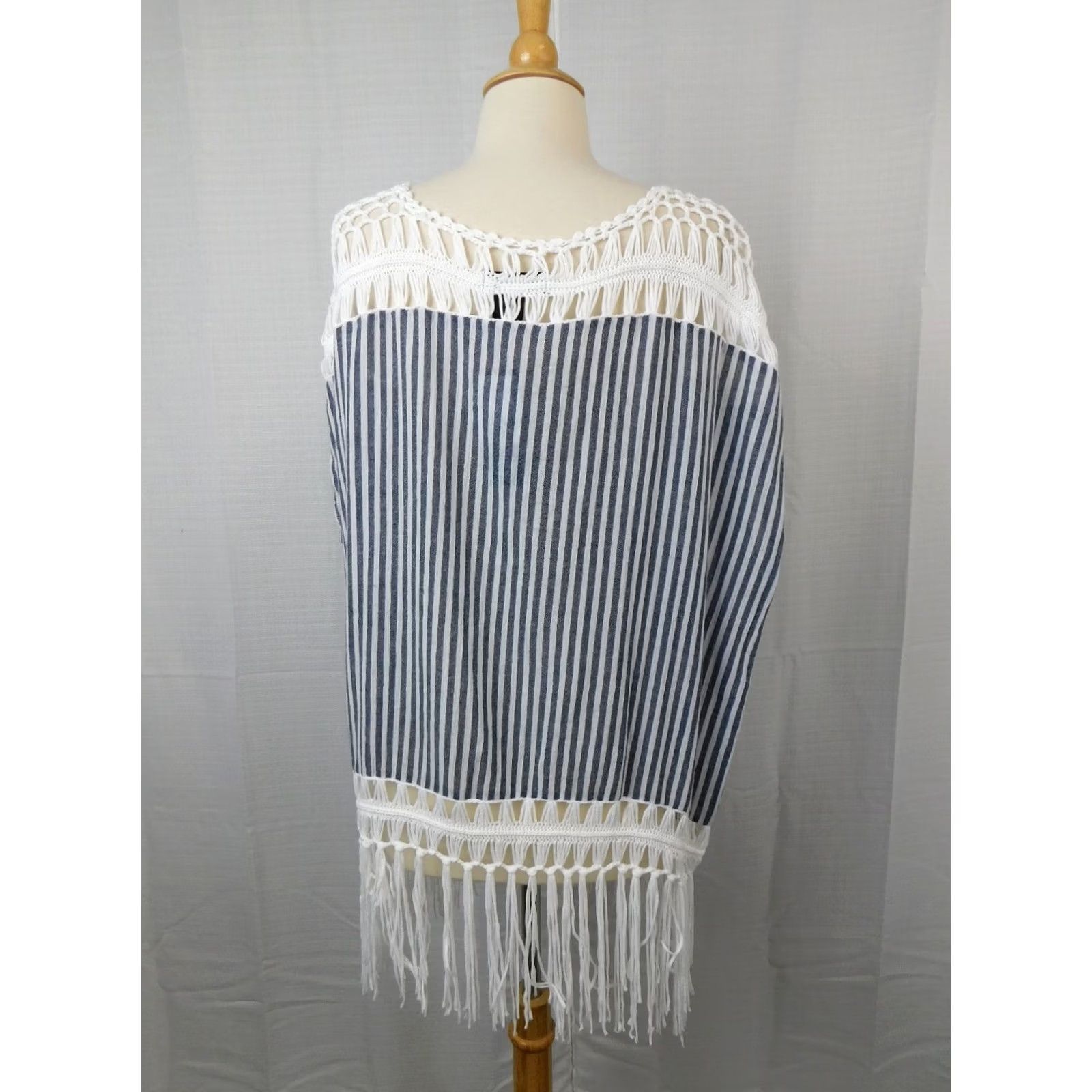 Steve Madden Steve Madden Crochet Cotton Beach Tunic Swim Cover-Up Navy Stripe One Size Women Stripe Beach Cover Up Women Navy Blue Crochet Cotton Tunic Size ONE SIZE - 5 Thumbnail