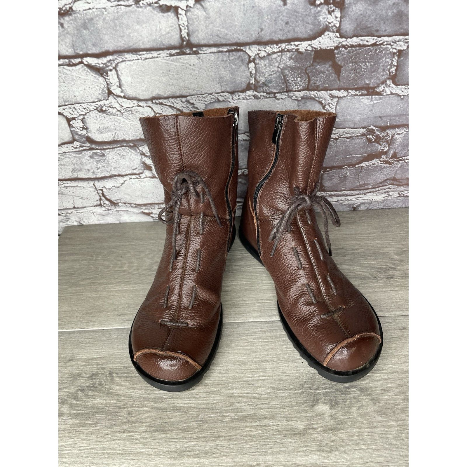 RUIbuilt Hin Rui VTG Brown Leather Ankle Boots Rope Laces Side Zip Wo Size US 8.5 / IT 38.5 - 13 Thumbnail