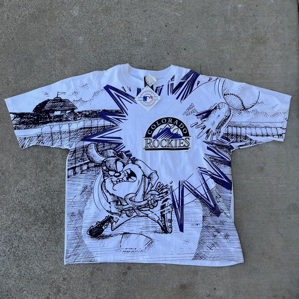 image of Mlb x Vintage Colorado Rockies Looney Tunes Taz Aop T-Shirt in White, Men's (Size XL)