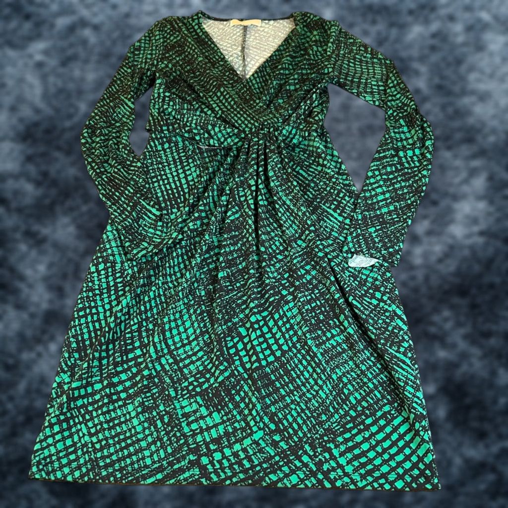VINTAGE: Michael Kors Faux Wrap Dress Womens Extra Small XS Green Black  Print Long Sleeve - crrs.pl