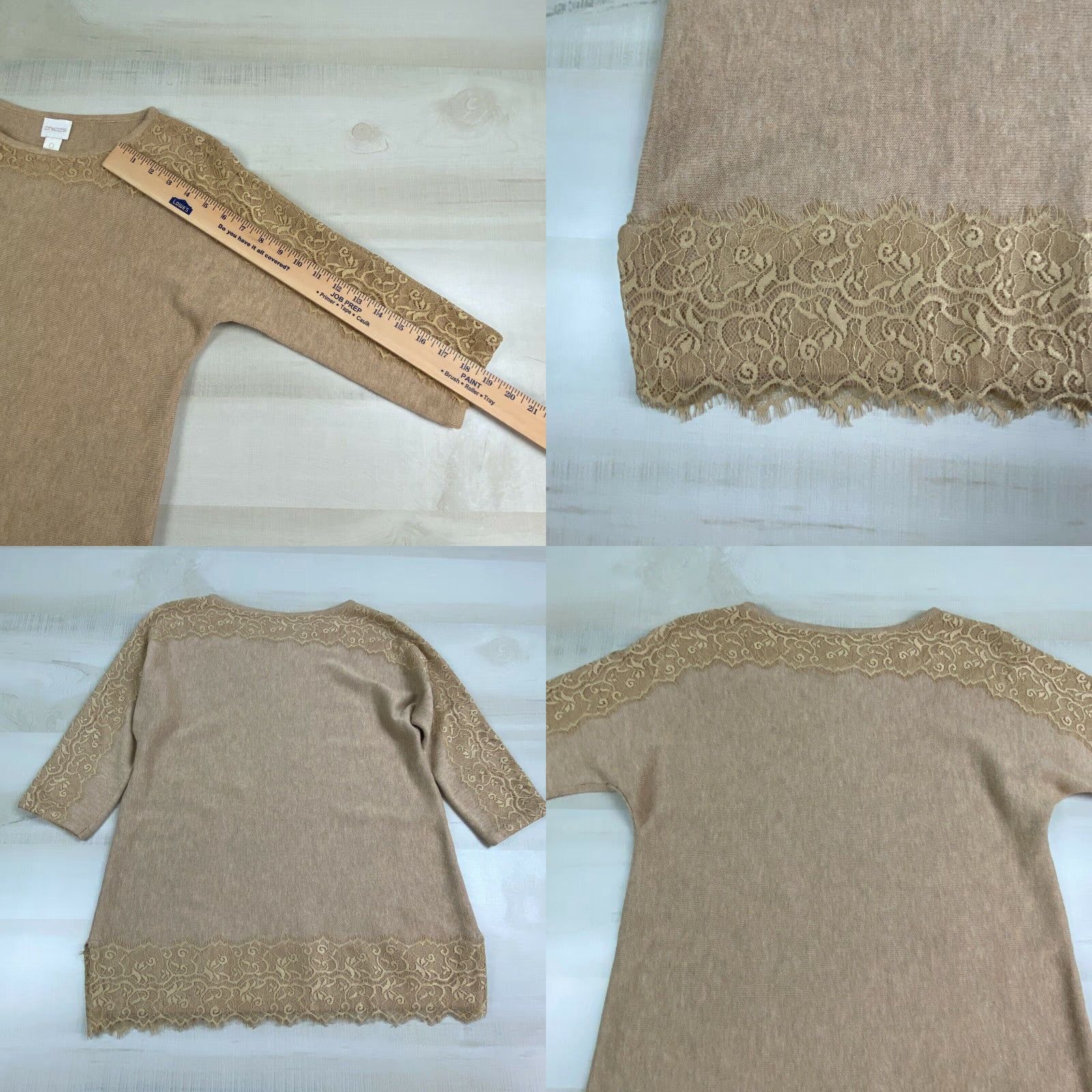 Vintage Chico's Womens Tan Sweater Pullover Lace Edges 3/4 Sleeves Size 0 Beige Ladies Size S / US 4 / IT 40 - 8 Thumbnail