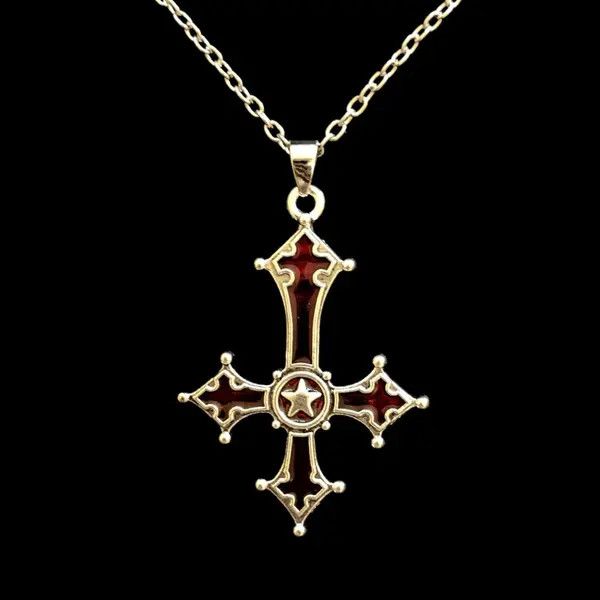 Jewelry Chrome Red Silver Cross Goth God Pendant Necklace Star Demon Size ONE SIZE - 7 Thumbnail
