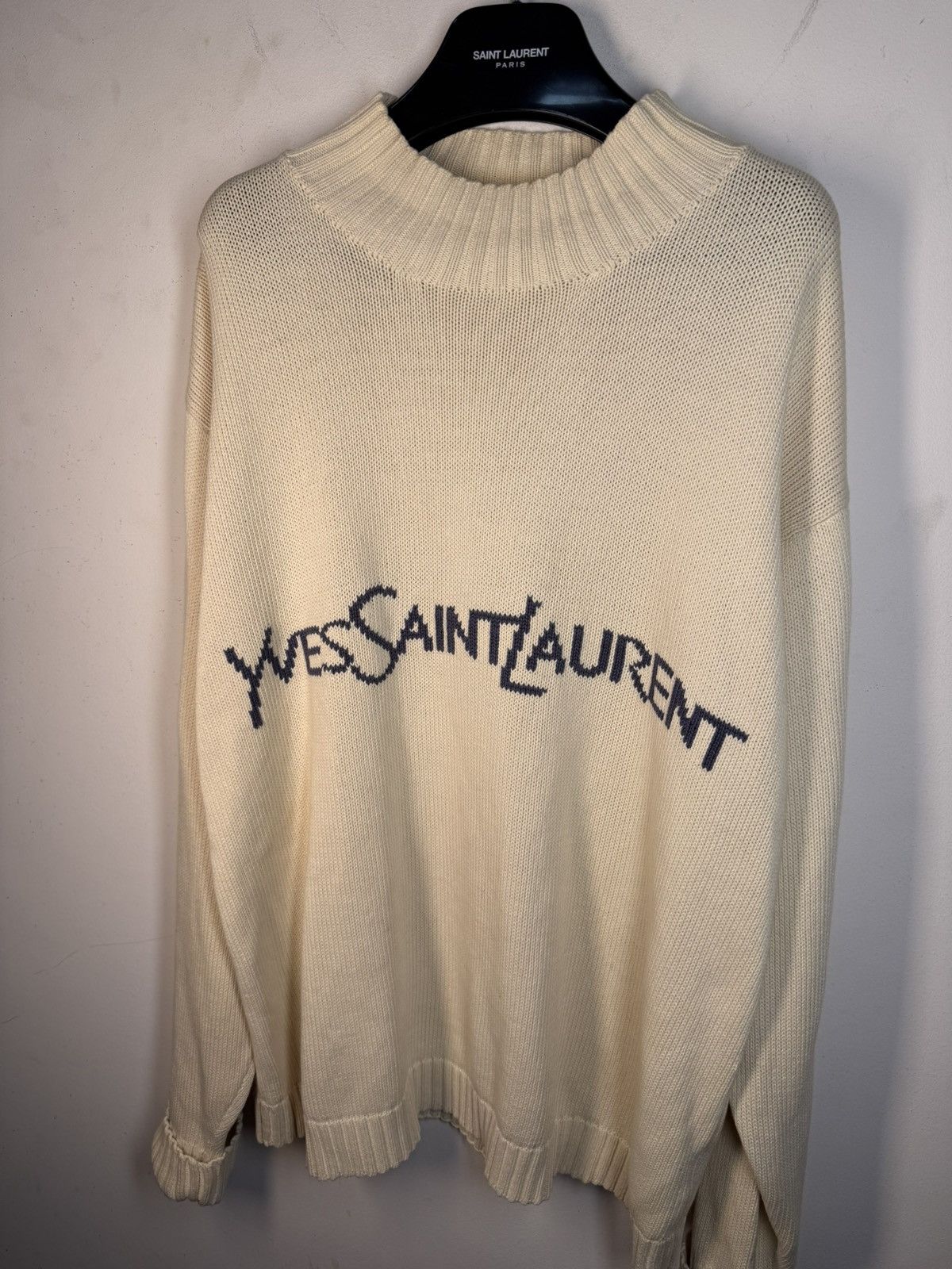 Yves Saint Laurent Cream YSL Sweater Knit Big Logo Turtleneck y2k Sweatshirt Size US L / EU 52-54 / 3 - 15 Thumbnail