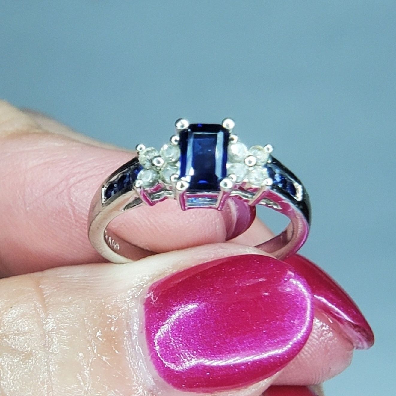 Sterling Silver 925 Sterling Silver Deep Blue Sapphire Faux Diamond Ring Size ONE SIZE - 10 Thumbnail