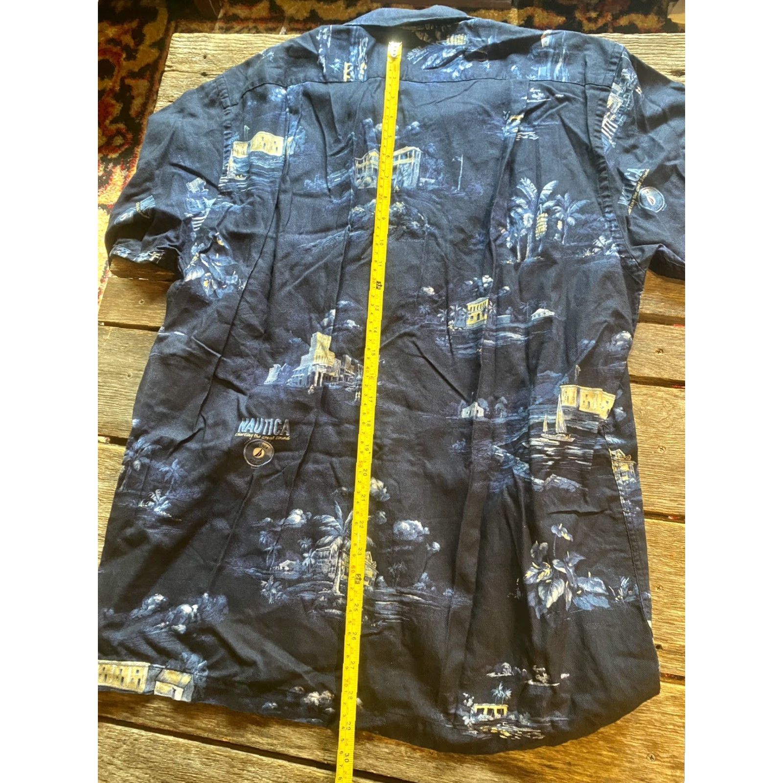 Nautica Nautica Button-Up Dress Shirt Adult Medium Blue Floral Hawaiian Island Mens Shirt Casual Button-Front Long Sleeve White Cotton Size 40R - 7 Thumbnail