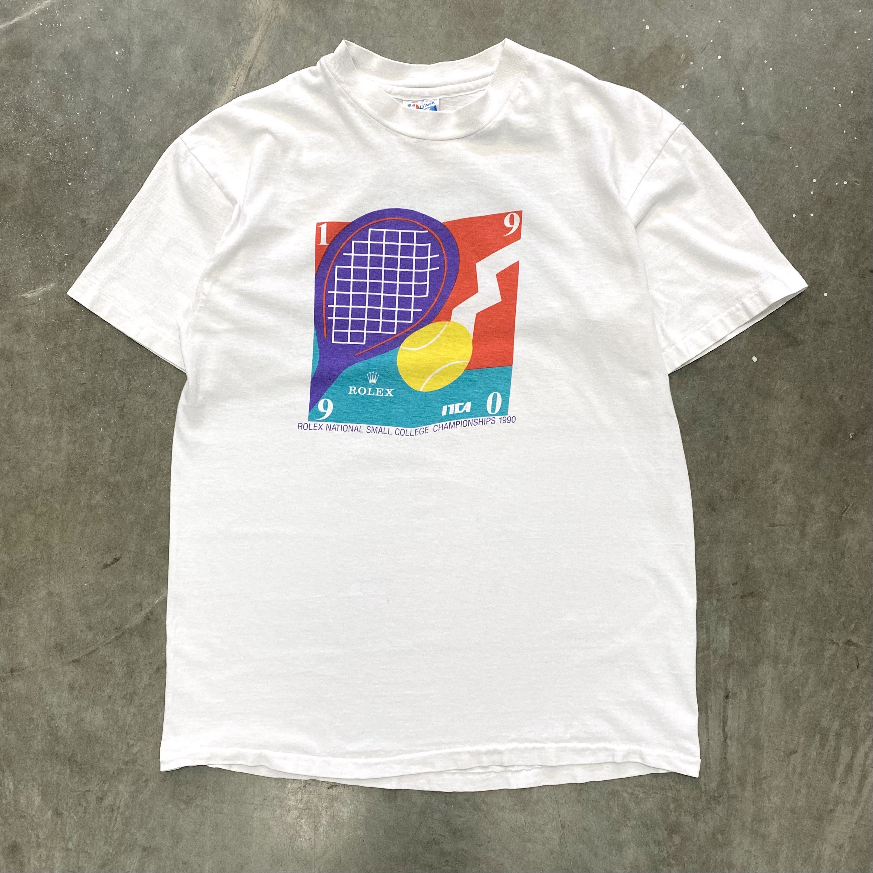 image of VTG 90's Rolex College Tournament Tennis Graphic T Shirt in White, Men's (Size Large)