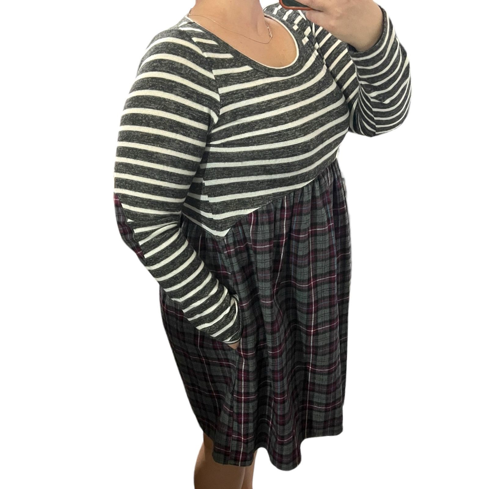 Other Striped Plaid Pocket Elbow Patch Pocketed Swing Dress Size M / US 6-8 / IT 42-44 - 4 Thumbnail