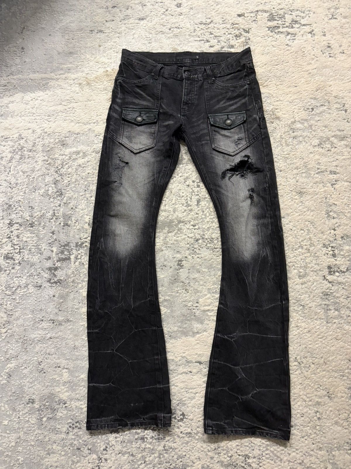 Fuga - Curve Leg Flared Distressed Denim