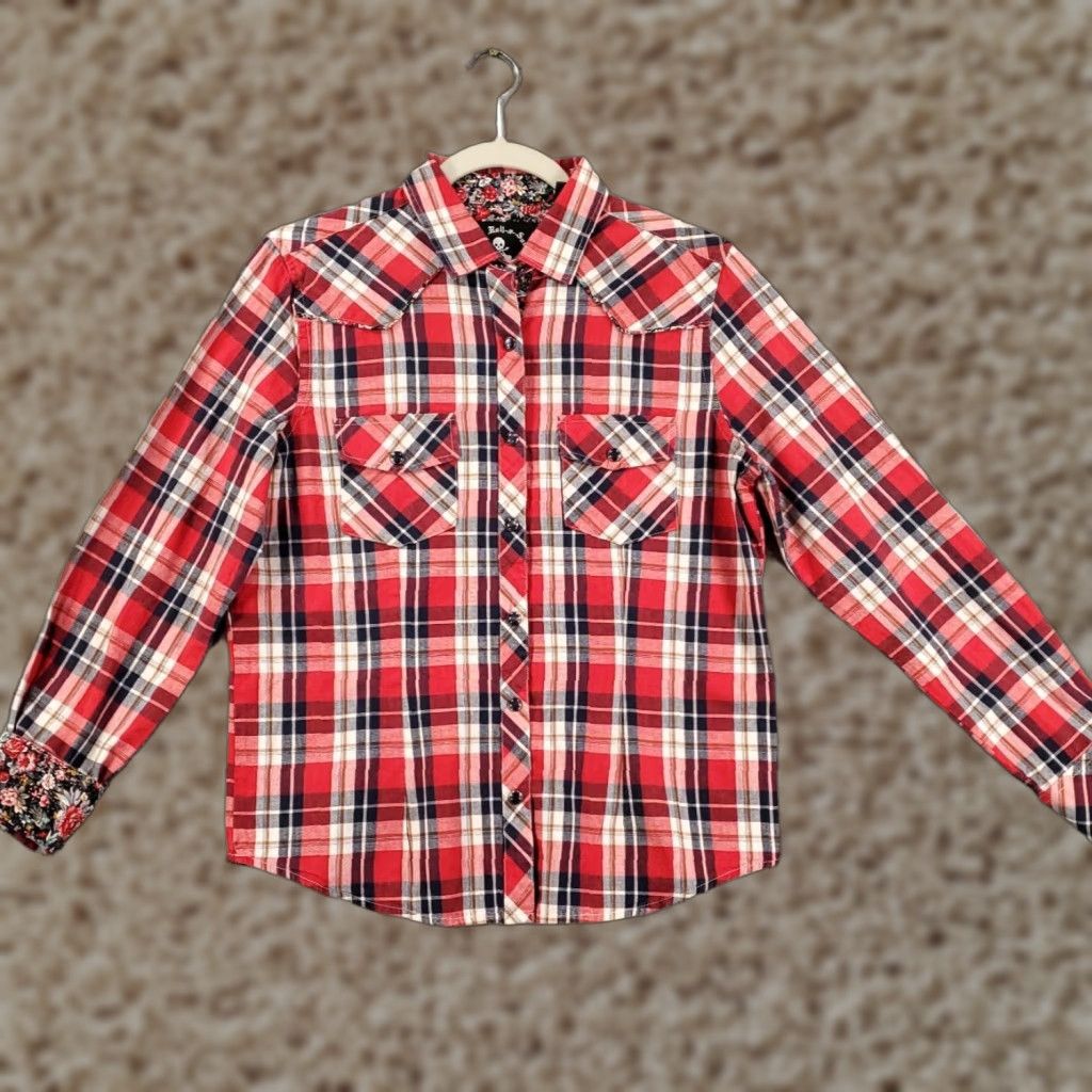Vintage Rock Roll N Soul Shirt Mens Small Plaid Floral Snap Cuff Trim Cowboy Western Pocketed Red Cotton Blend Button-Up Size US S / EU 44-46 / 1 - 1 Thumbnail