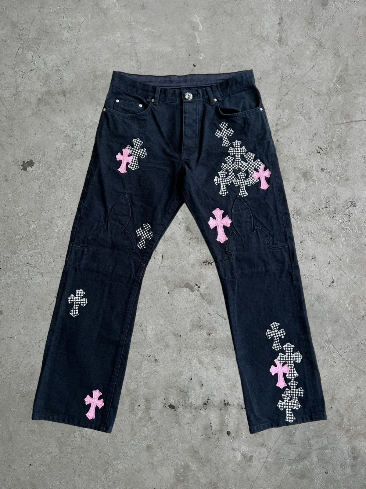 image of Chrome Hearts Fleur Knee Patch Pants in Black, Men's (Size 34)