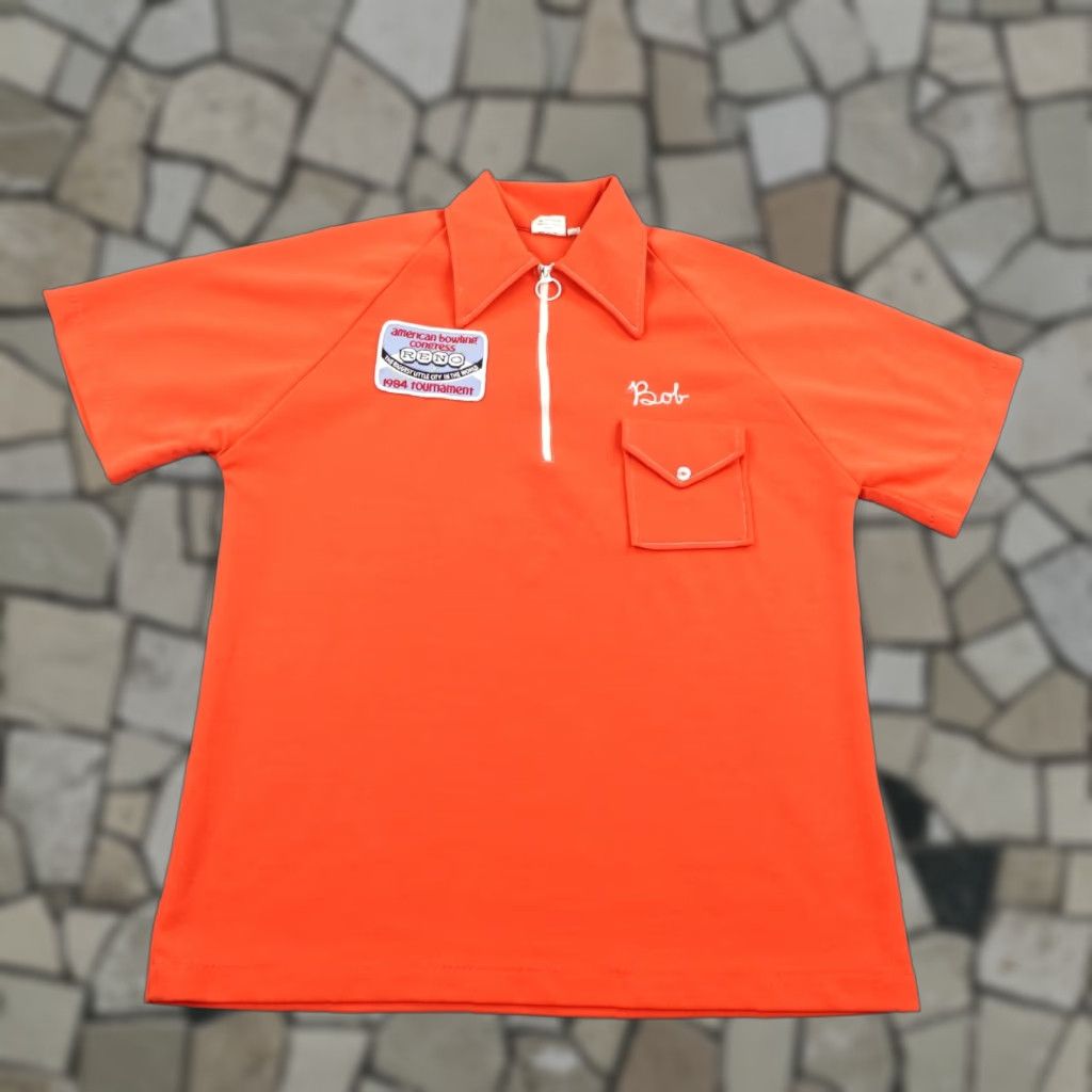 VINTAGE Angeltown Bowling Shirt Mens L Orange County Polo 60s Chain Stitch Embroidered Logo Zipper Short Sleeve Polo Mens