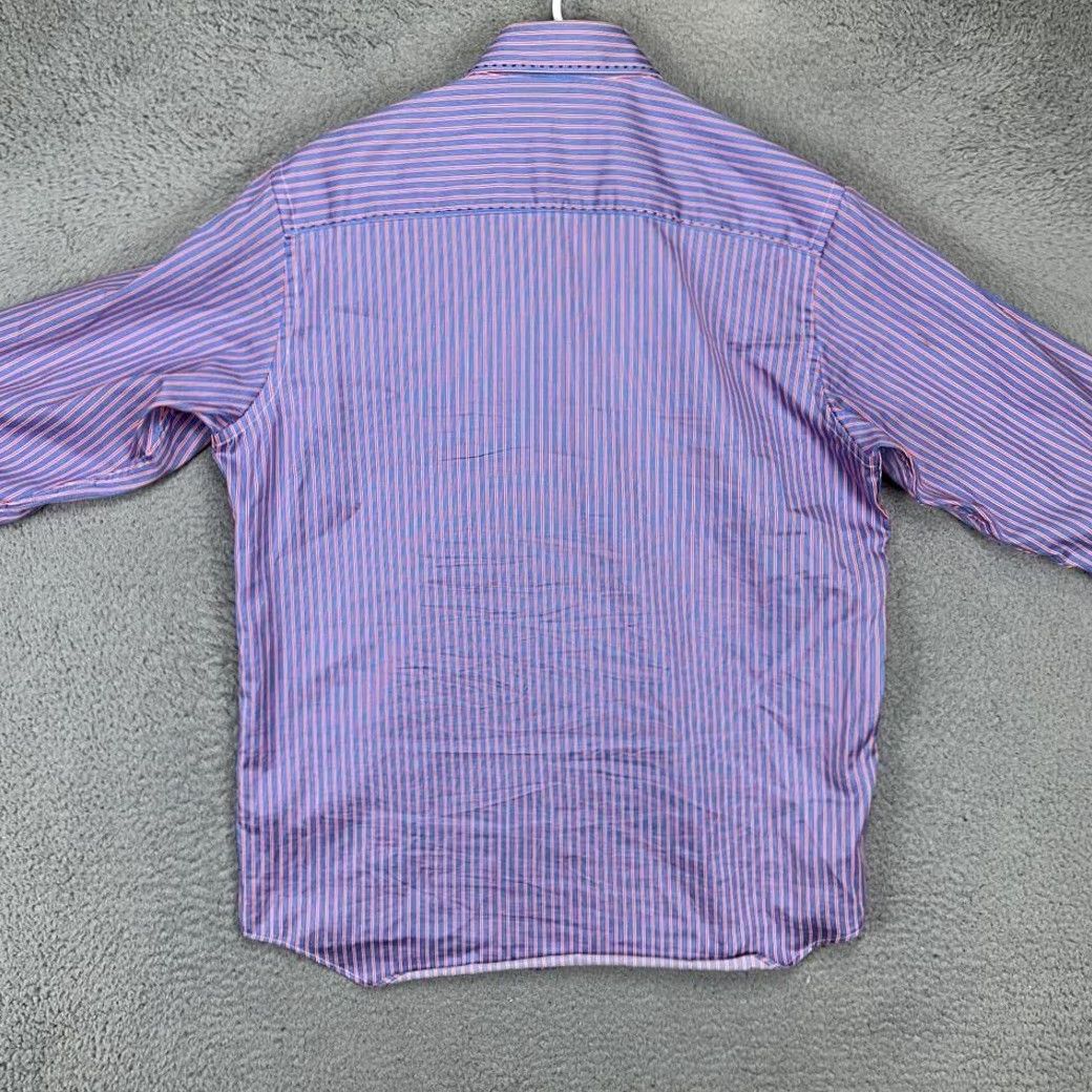 BUGATCHI Bugatchi Uomo Dress Shirt Mens Medium Blue Stripes Button Up Pocket Short Sleeve? Size 40R - 3 Thumbnail