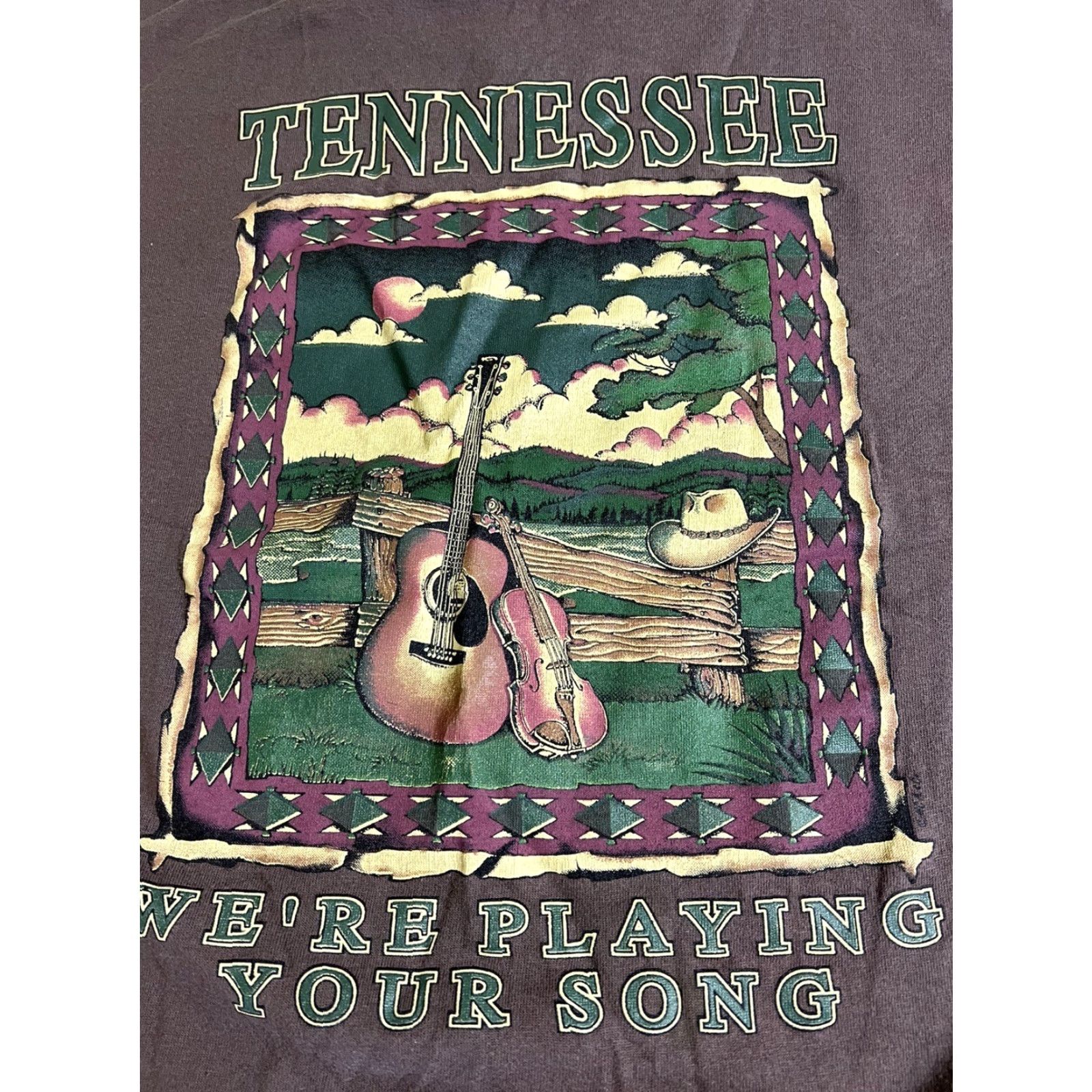 Vintage VINTAGE Center Cut Tennessee "We're Playing Your Song" Brown XL Unisex Short Sleeve Graphic Tee 1980s Western Size US XL / EU 56 / 4 - 4 Thumbnail