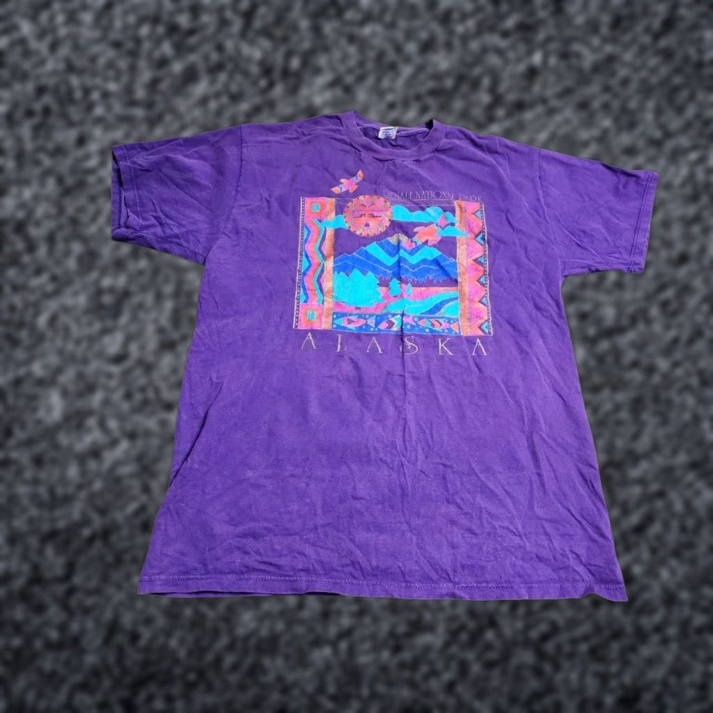 Jerzees Vintage Jerzees Mens XL T-Shirt Denali National Park Mt McKinley Alaska Native Crew Neck Short Sleeve Purple Thrashed Size US XL / EU 56 / 4 - 1 Thumbnail