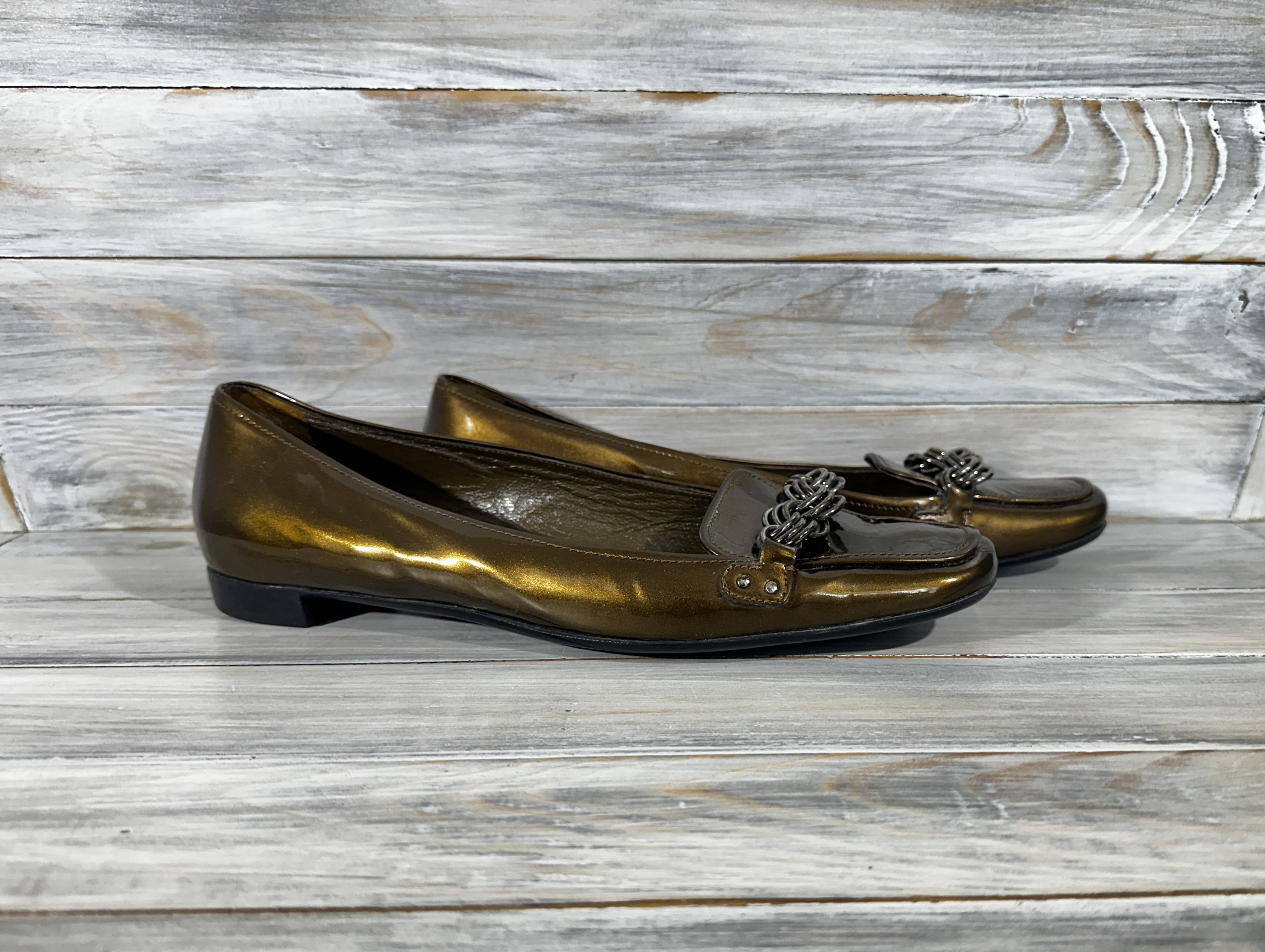 image of Italian Designers Prada Bronze Patent Leather Loafers Made In Italy Luxury, Women's (Size 9)