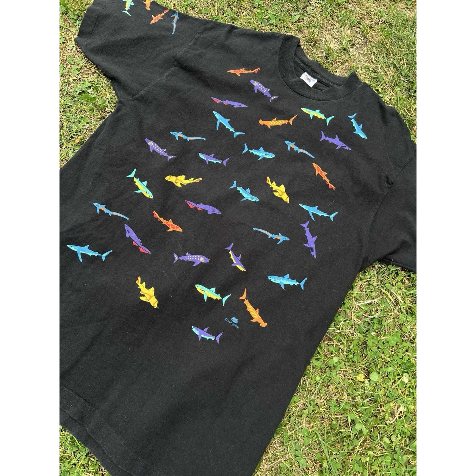Fruit Of The Loom Vintage 90s Hawaiian Made in USA All Over Shark Dan Gilbert Size US XL / EU 56 / 4 - 2 Thumbnail