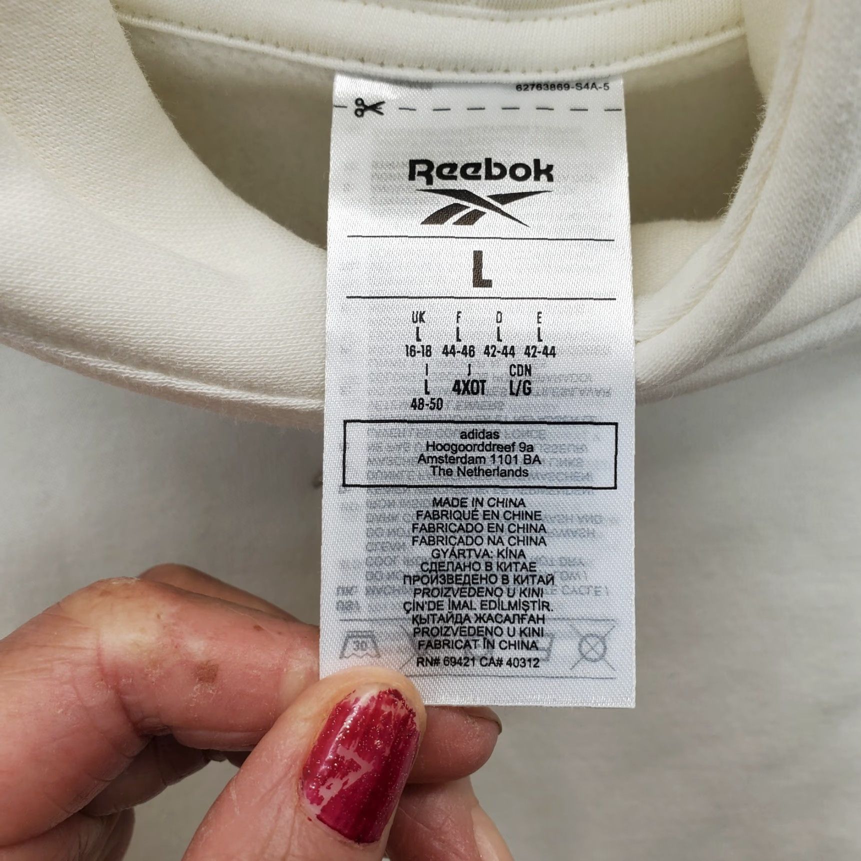 Reebok Reebok Hoodie Mens Large White Ribbed Hem & Cuff Drop Shoulder Sleeve Pullover Size US L / EU 52-54 / 3 - 5 Thumbnail
