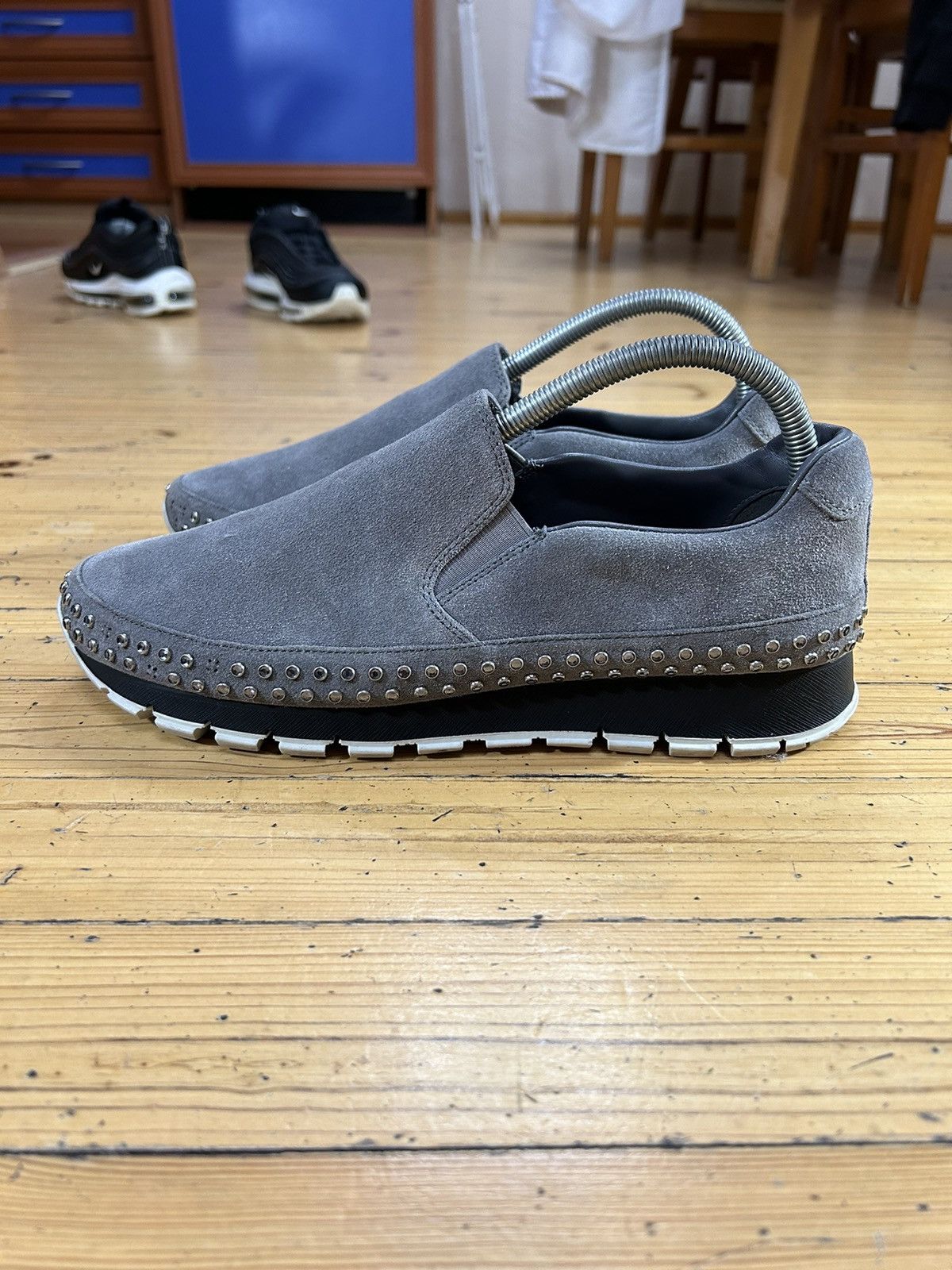 Prada Grey Nabuc loafers with diamonds detail’s