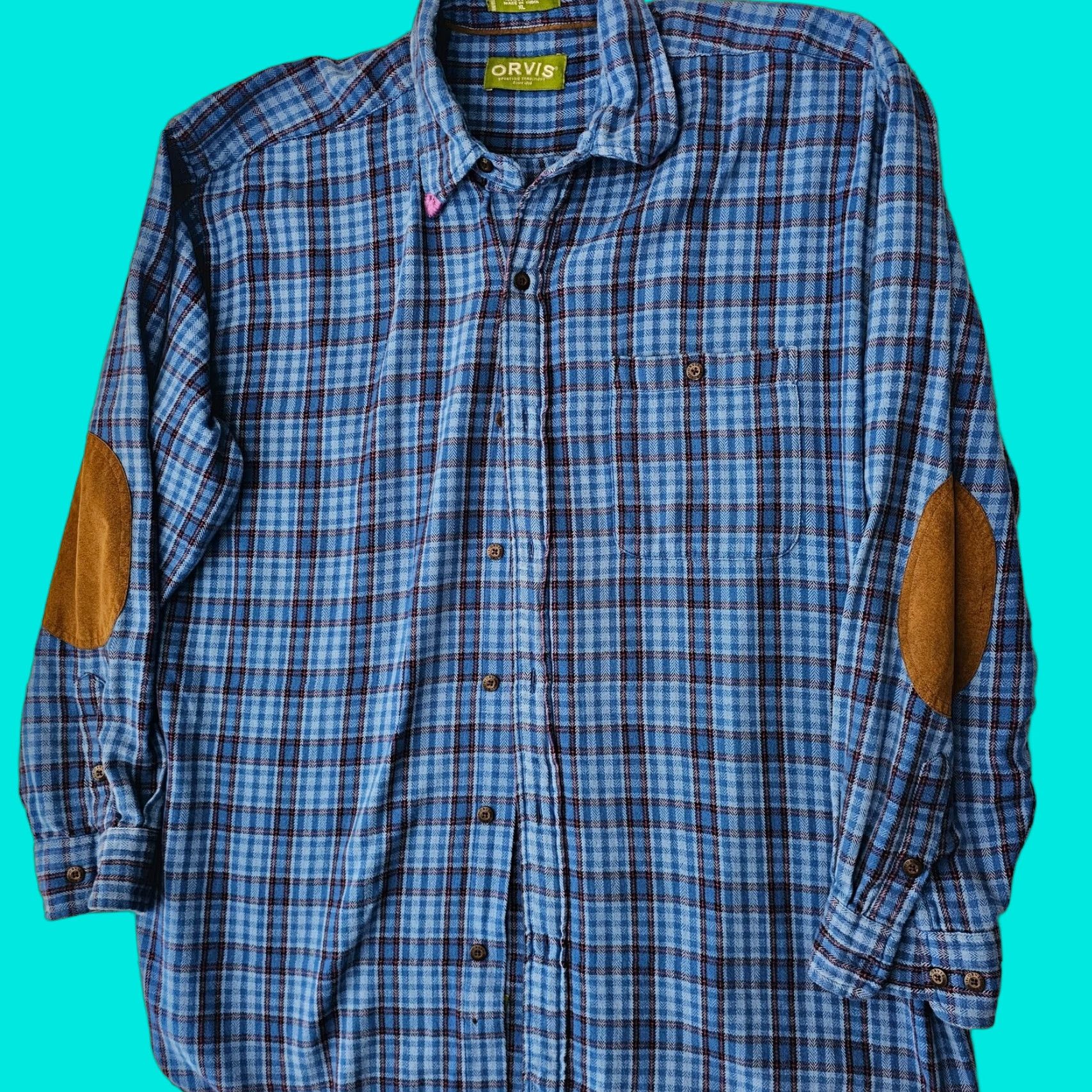 Orvis Orvis Flannel Shirt Mens XL Plaid Blue Button Up Pocket Heavyweight Suede Elbows Size US XL / EU 56 / 4 - 1 Thumbnail