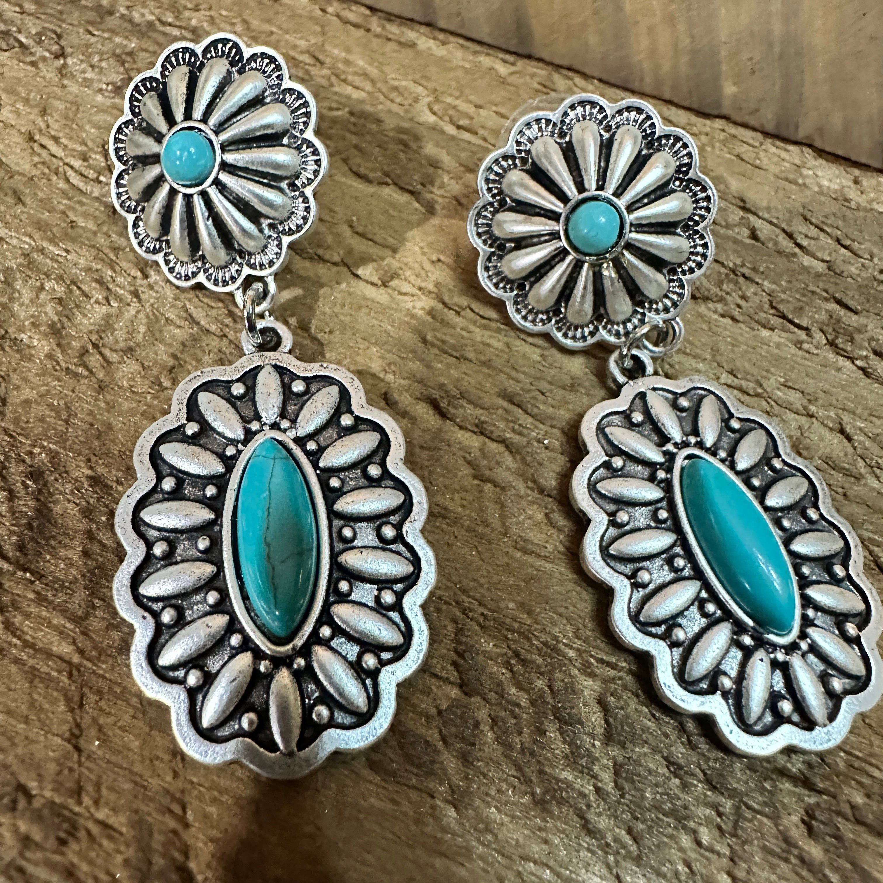 Other Concho Turquoise Brass Post Earrings 2.2 Inches Long Antique Size ONE SIZE - 5 Thumbnail