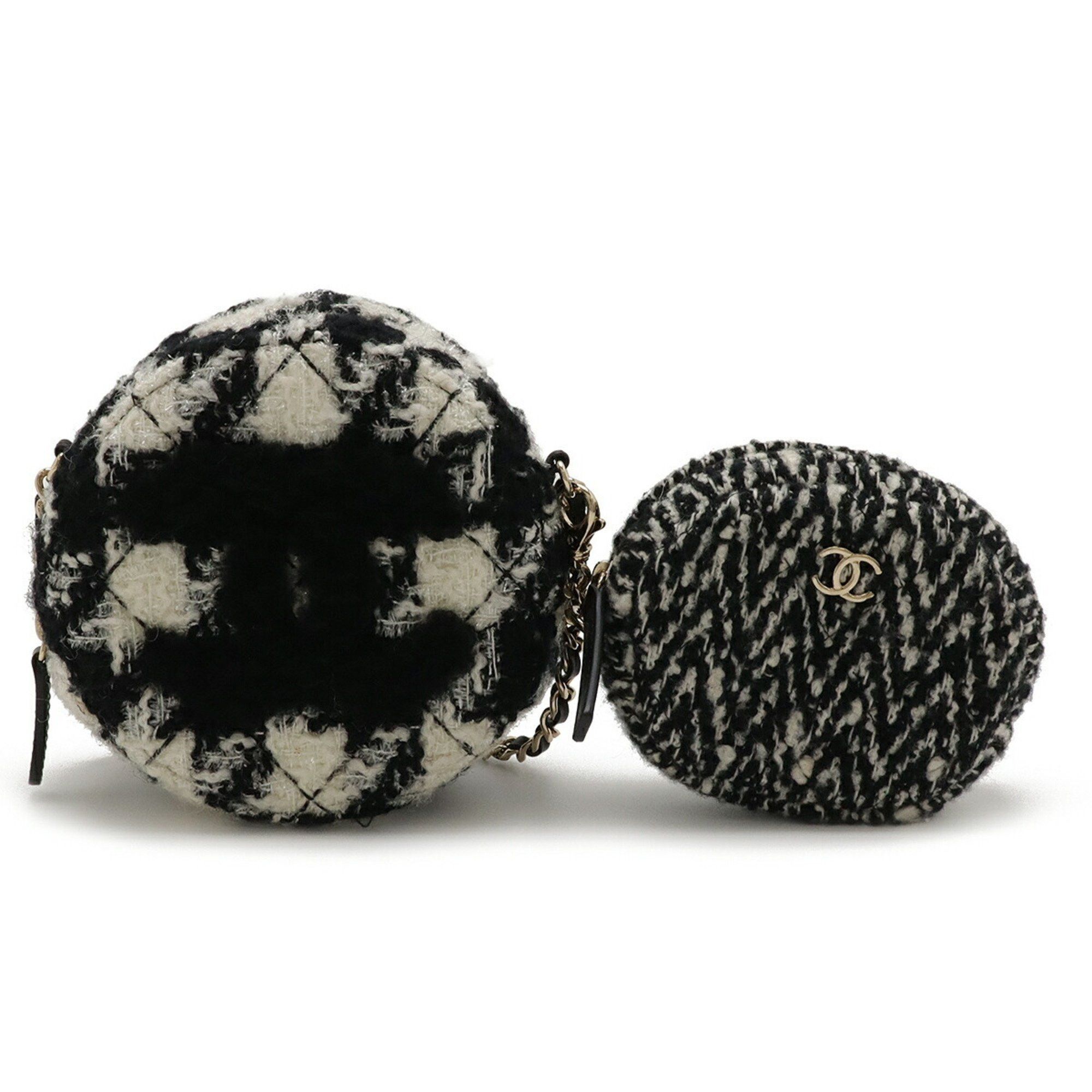 Chanel CHANEL Round Chain Shoulder Pochette in Houndstooth Tweed with Boa, Ivory and Black, AP0986 Size ONE SIZE - 1 Thumbnail